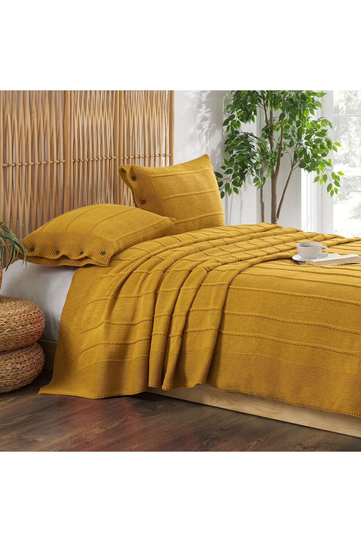 ELLE HOME Triko Çift Kişilik Yatak Örtüsü - Hardal