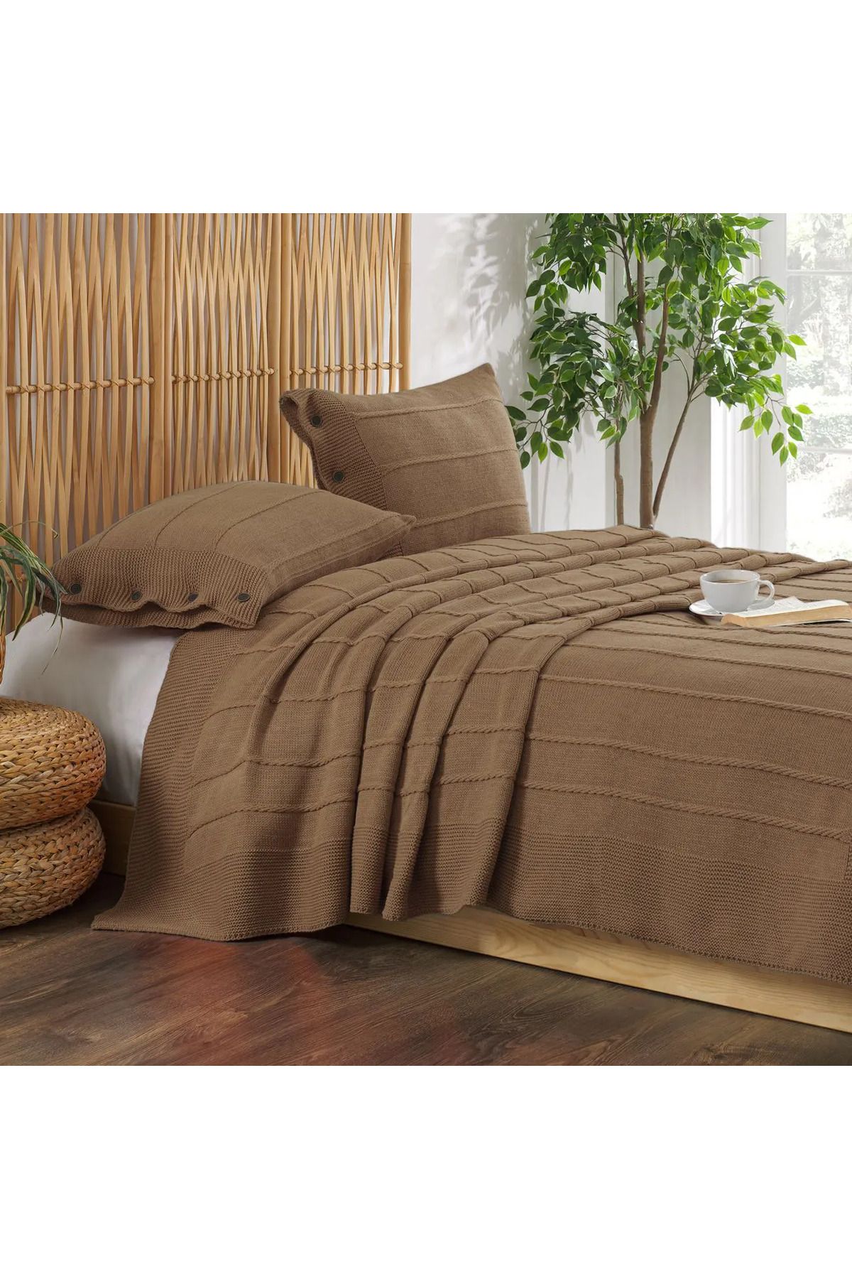 ELLE HOME Triko Çift Kişilik Yatak Örtüsü - Kahverengi