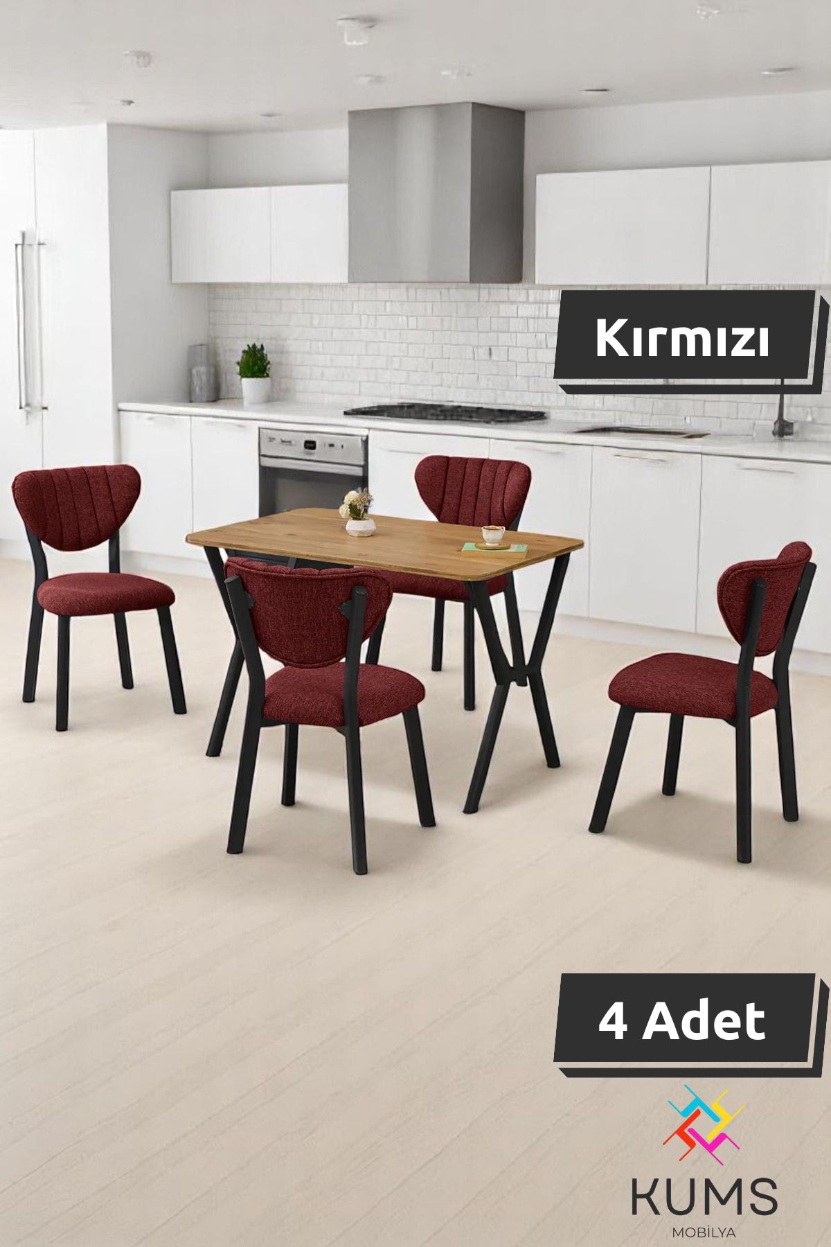 KUMS Elma Masa Sandalye Takımı – 4 Kişilik, Sabit Masa, Modern Çam Desen