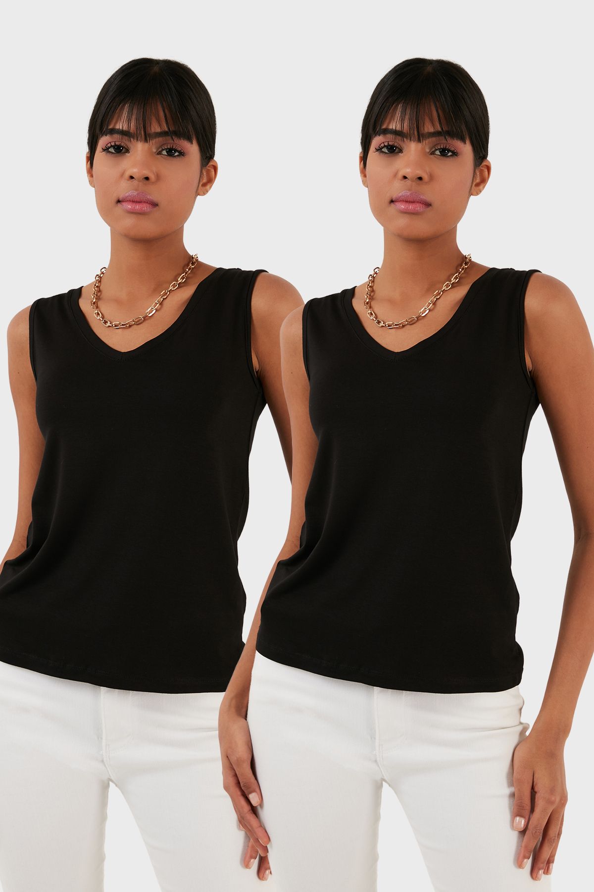 Lela Slim Fit V Yaka Kalın Askılı 2' li Paket Bluz BLUZ 5864384S2