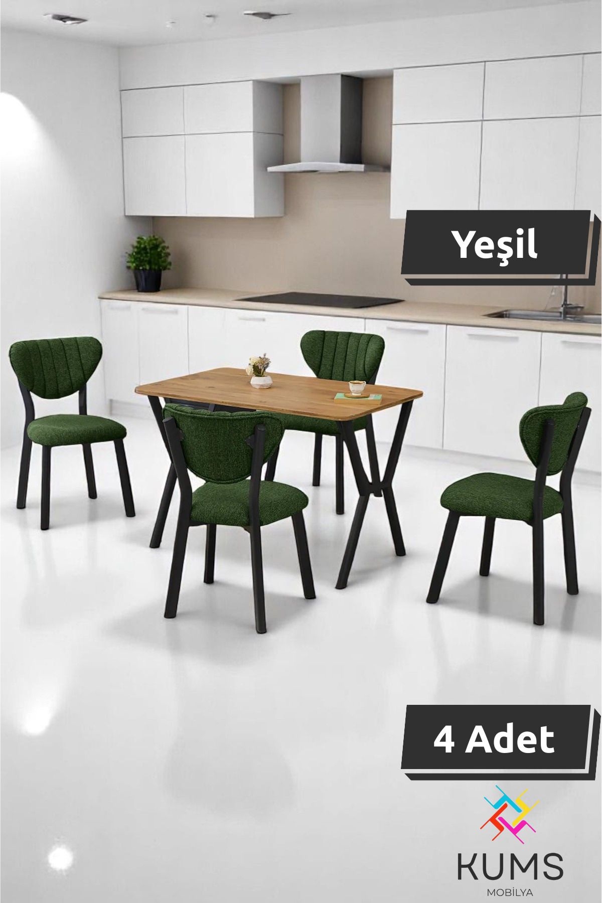 KUMS Elma Masa Sandalye Takımı – 4 Kişilik, Sabit Masa, Modern Çam Desen