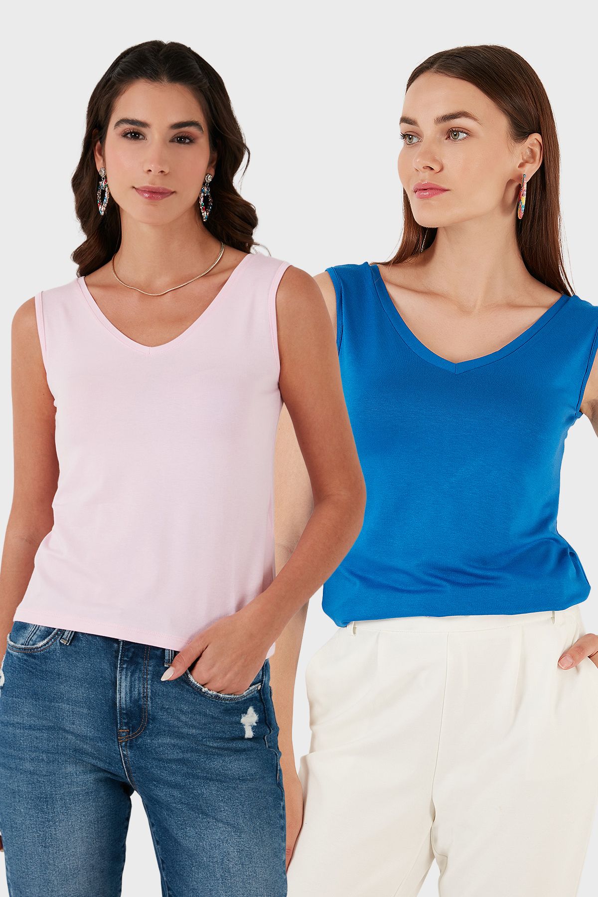 Lela Slim Fit V Yaka Kalın Askılı 2' li Paket Bluz BLUZ 5864384S2
