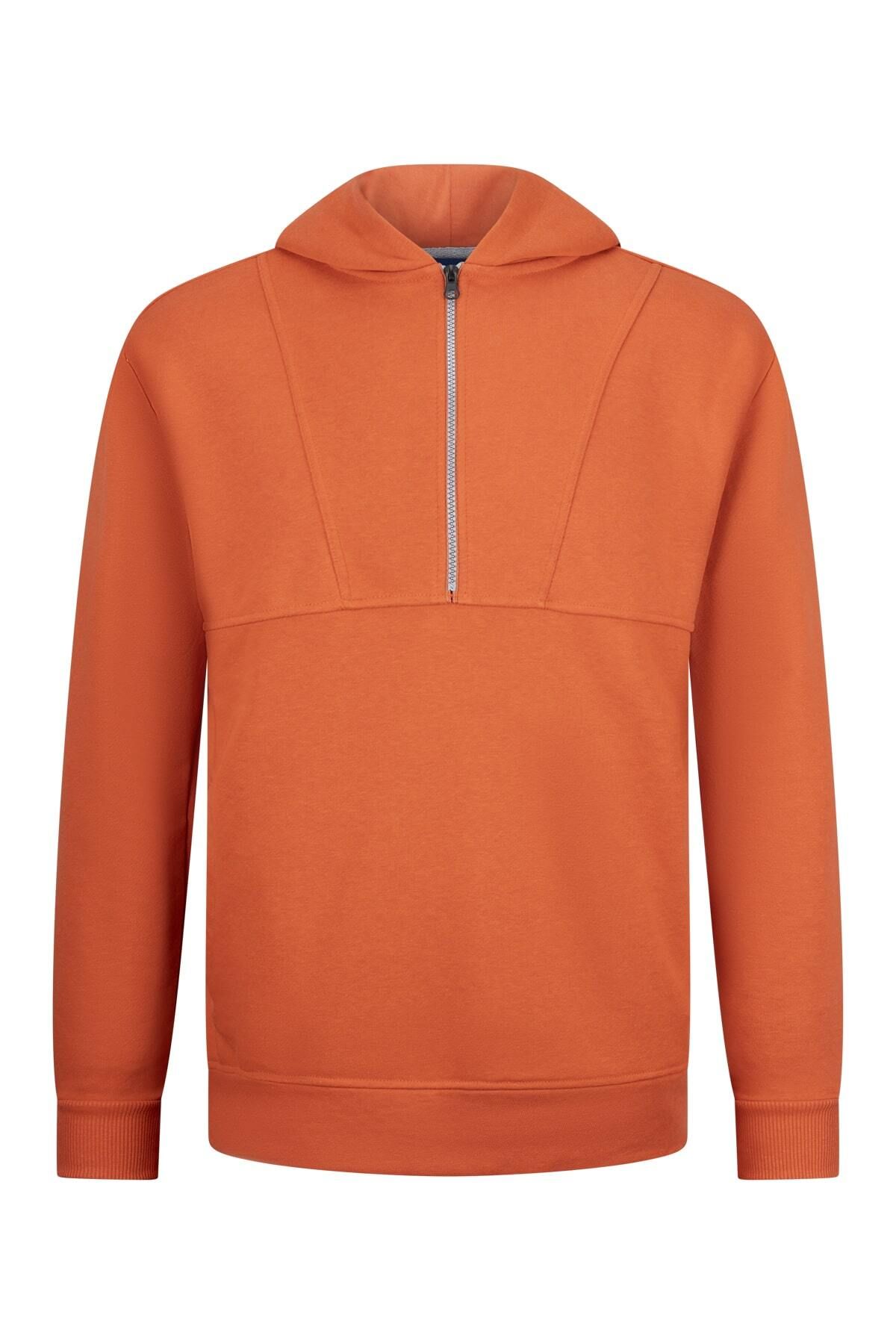 Hatemoğlu Turuncu Regular Fit Fermuarlı Kapüşonlu Sweatshirt