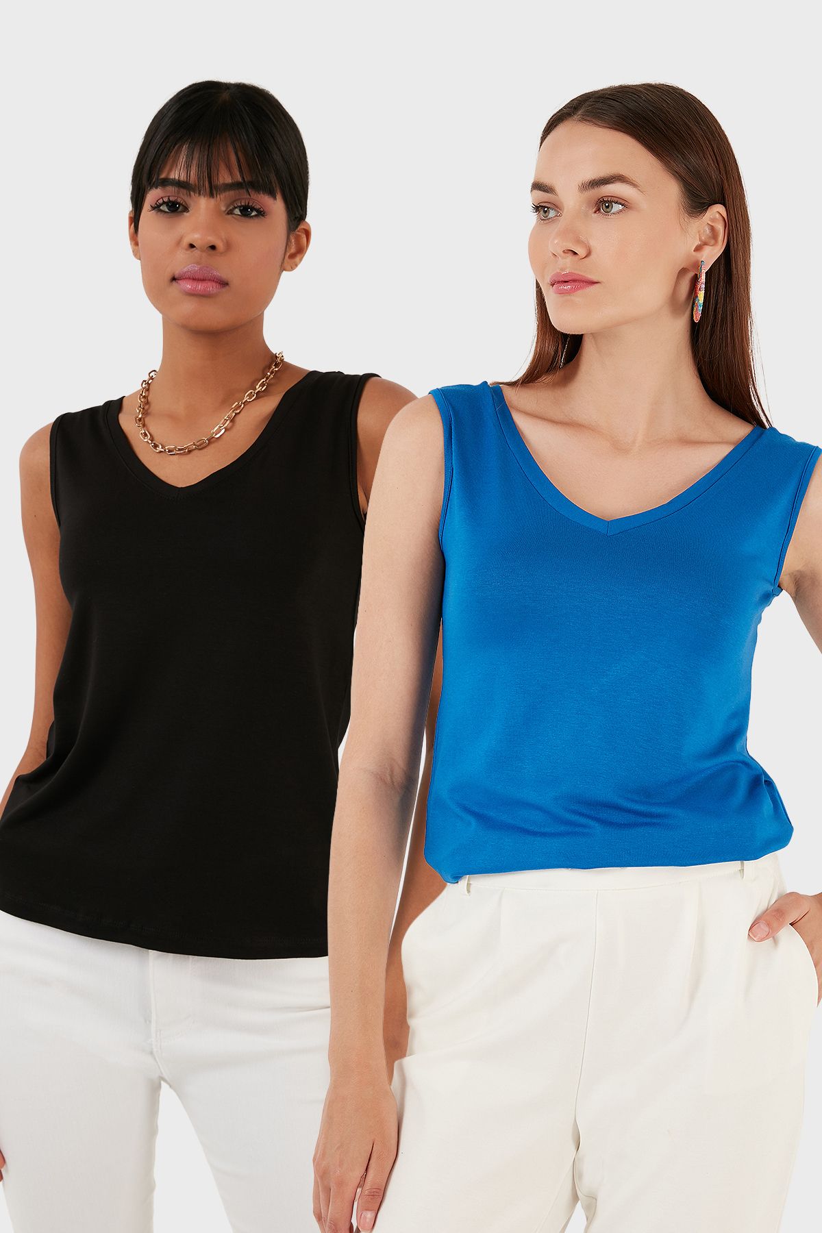 Lela Slim Fit V Yaka Kalın Askılı 2' li Paket Bluz BLUZ 5864384S2