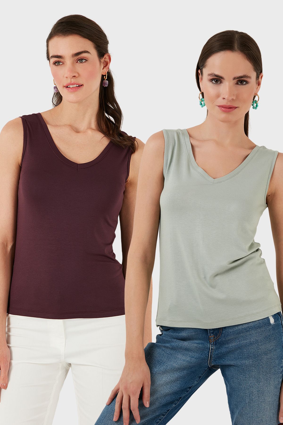 Lela Slim Fit V Yaka Kalın Askılı 2' li Paket Bluz BLUZ 5864384S2