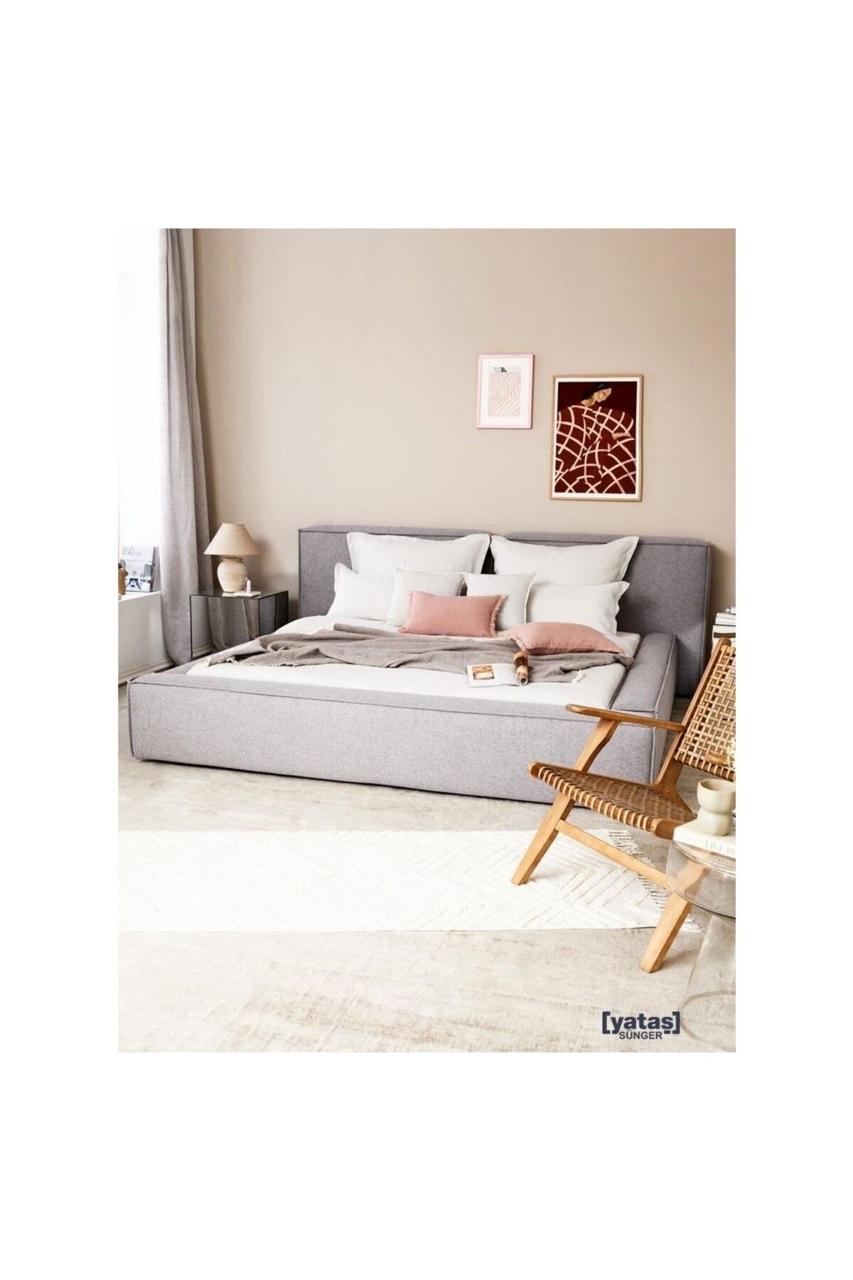 NEXHOME Nova Karyola Baza Başlık Set 180x200 cm. Gri Keten Kumaş (Montaj Dahil)