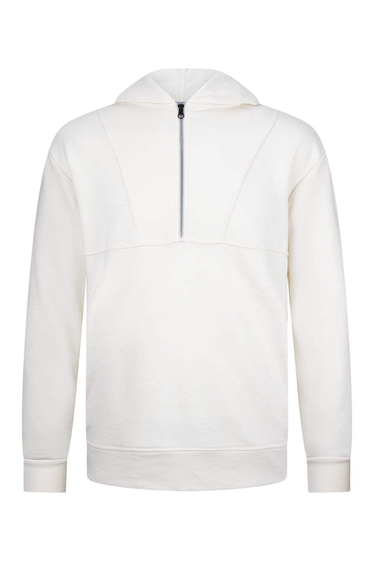 Hatemoğlu Beyaz Regular Fit Fermuarlı Kapüşonlu Sweatshirt