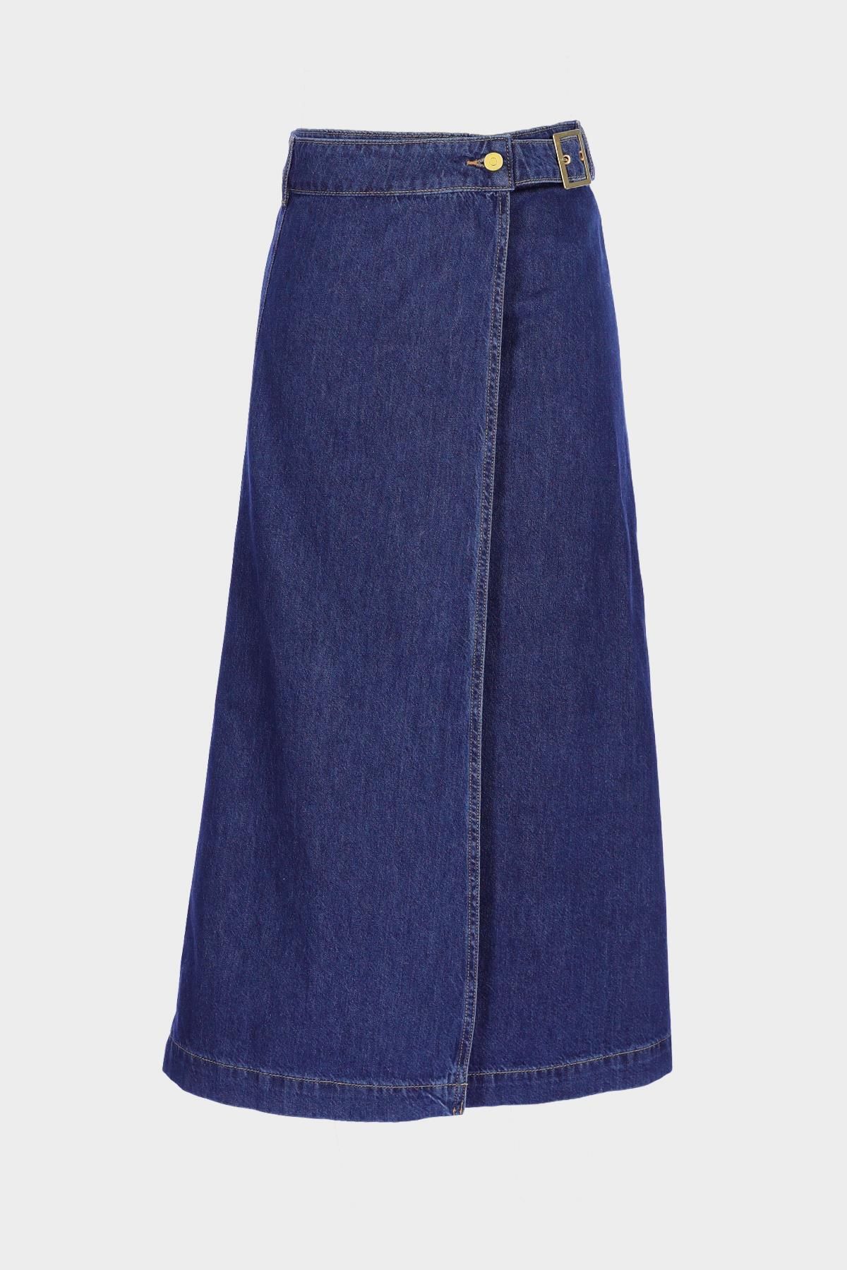 CROSS JEANS Koyu Mavi Yüksek Bel Kruvaze Kapamalı Kemerli Jean Etek C 4532-061