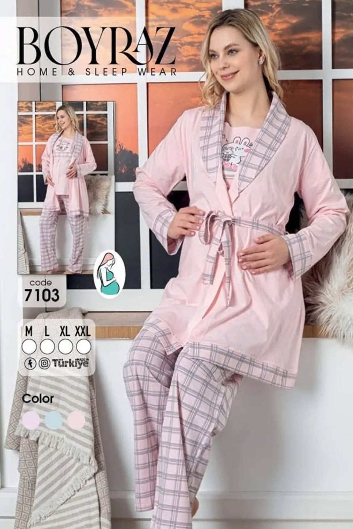 BOYRAZ Hamile Beli Bağlamalı 3'lü Desenli Pijama Takımı 7103-Pudra Renk