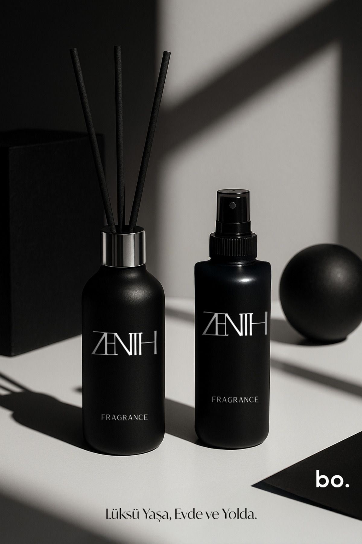 Bo Essences Zenith İkili Set – Oda Kokusu + Araç Kokusu 100 ml – Maskülen Esans – Siyah Şişe – Premium Koku
