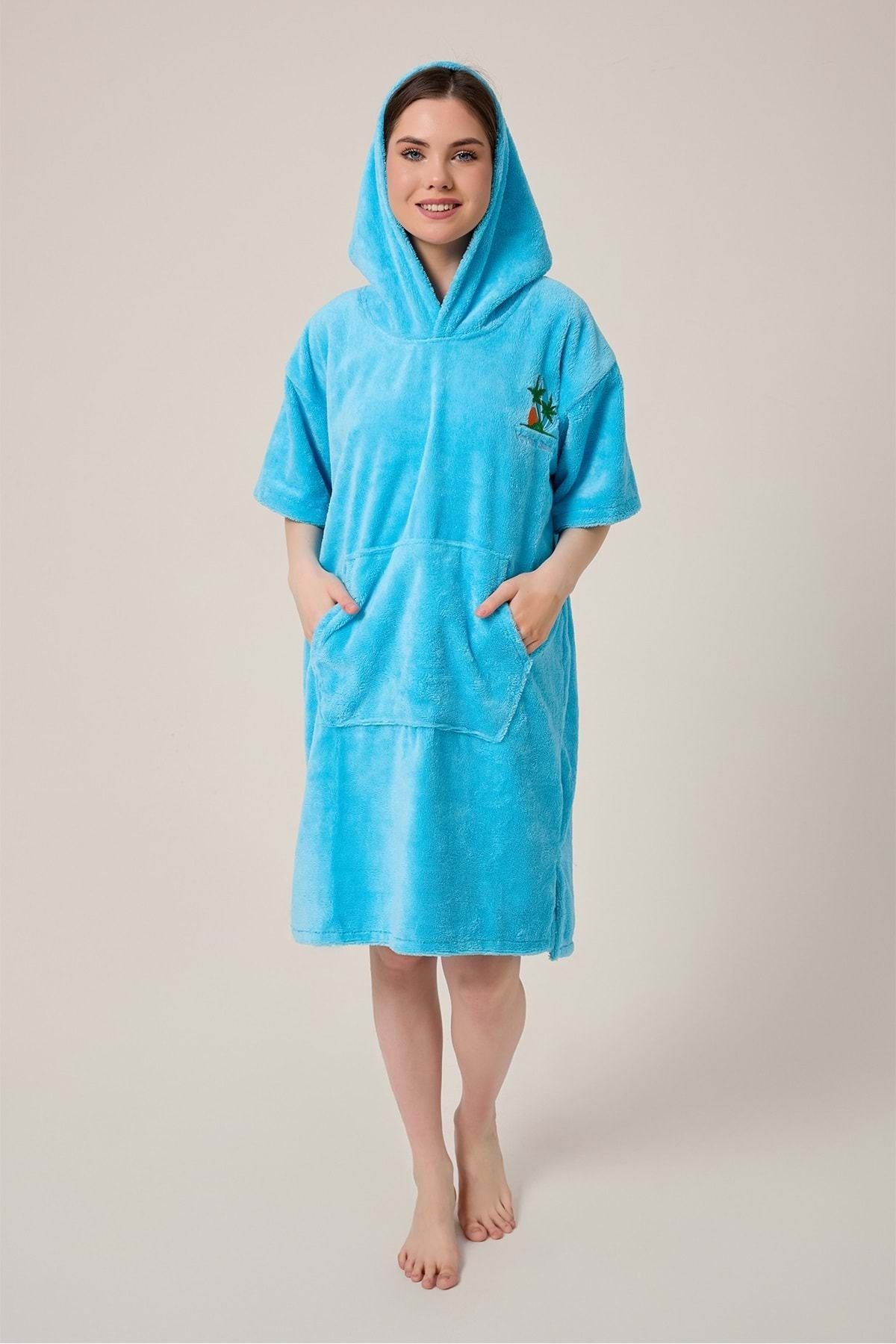 VEVİEN HOME-Palm Surf Embroidered Adult Surfing Summer Poncho Hooded Beach Towel Blue-Unisex 3
