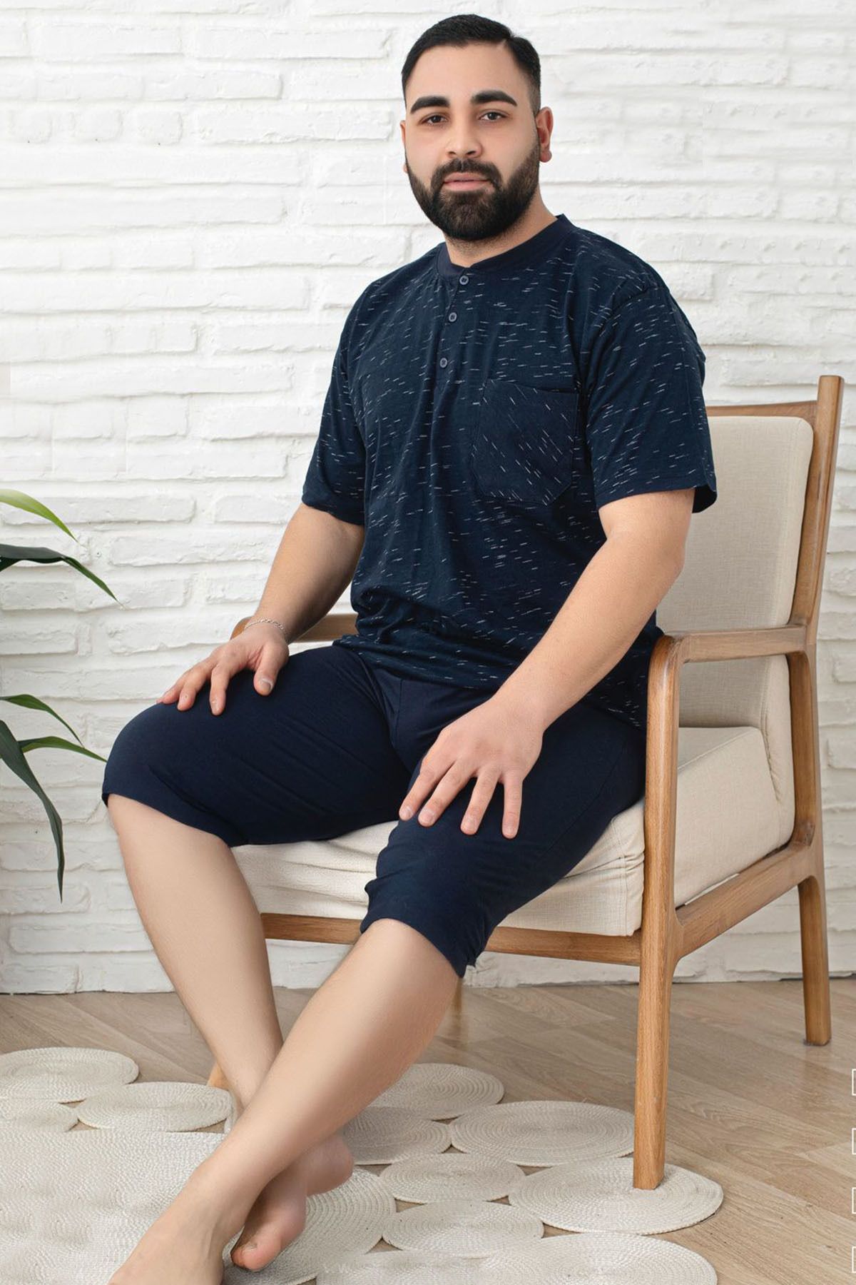 Lukitus Büyük Beden Battal Pamuk Kısa Kol Kapri Erkek Pijama Takımı