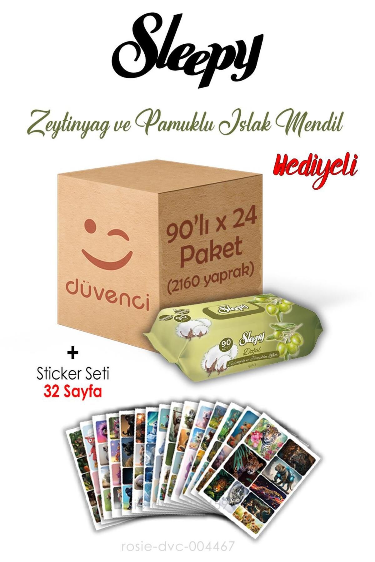 Sleepy Zeytinyağlı Pamuklu Islak Havlu 90x24 (2160 yaprak) ve Sticker Seti 32 Sayfa