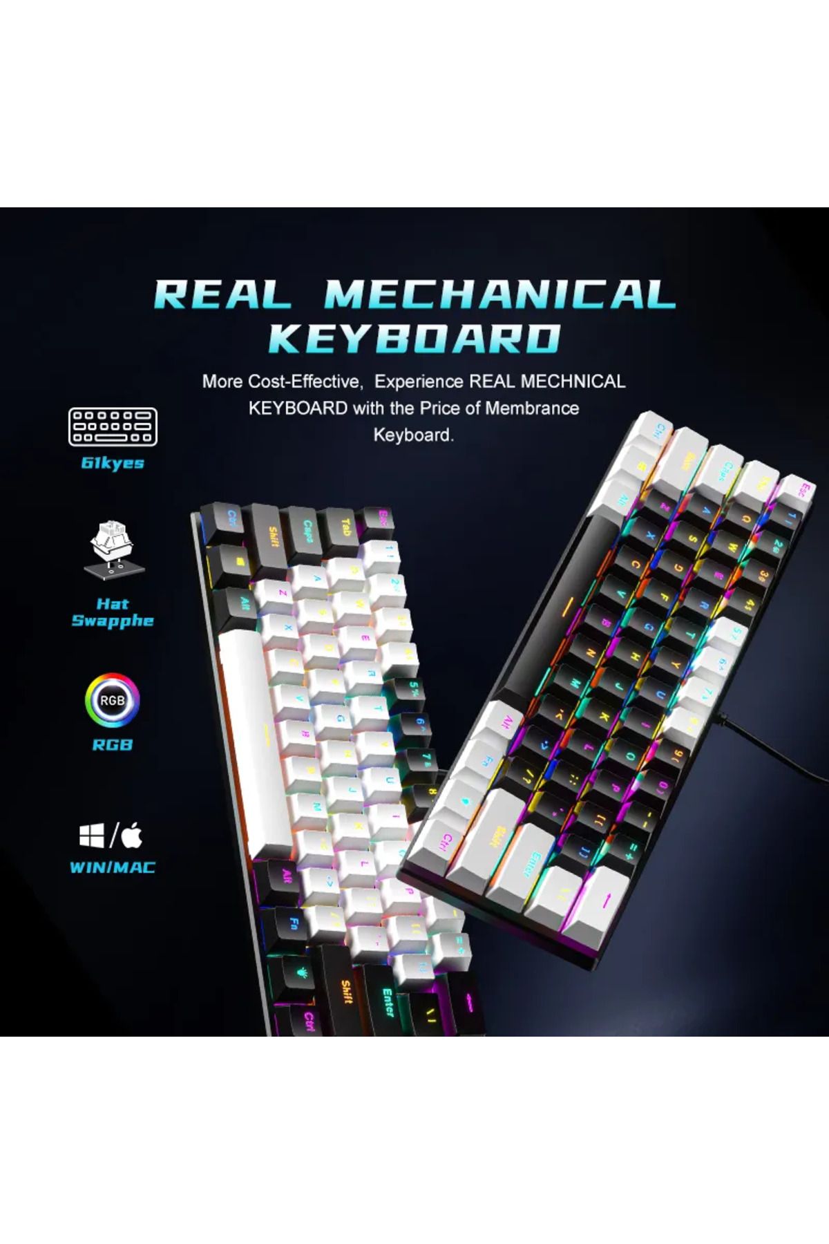 Glazef 61 TUŞ Kablolu Mekanik Klavye Değiştirilebilir Blue Switch RGB Bilgisayar Oyuncu Klavyesi