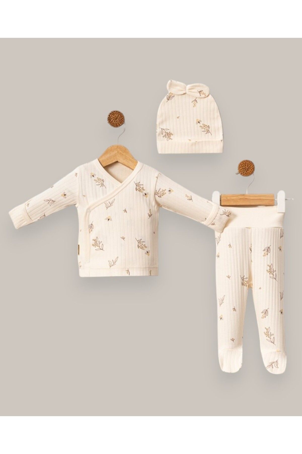 MINNOOSH BABY Çiçek Nakışlı Kız Bebek 3'Lü Zıbın Takımı %100 Pamuk