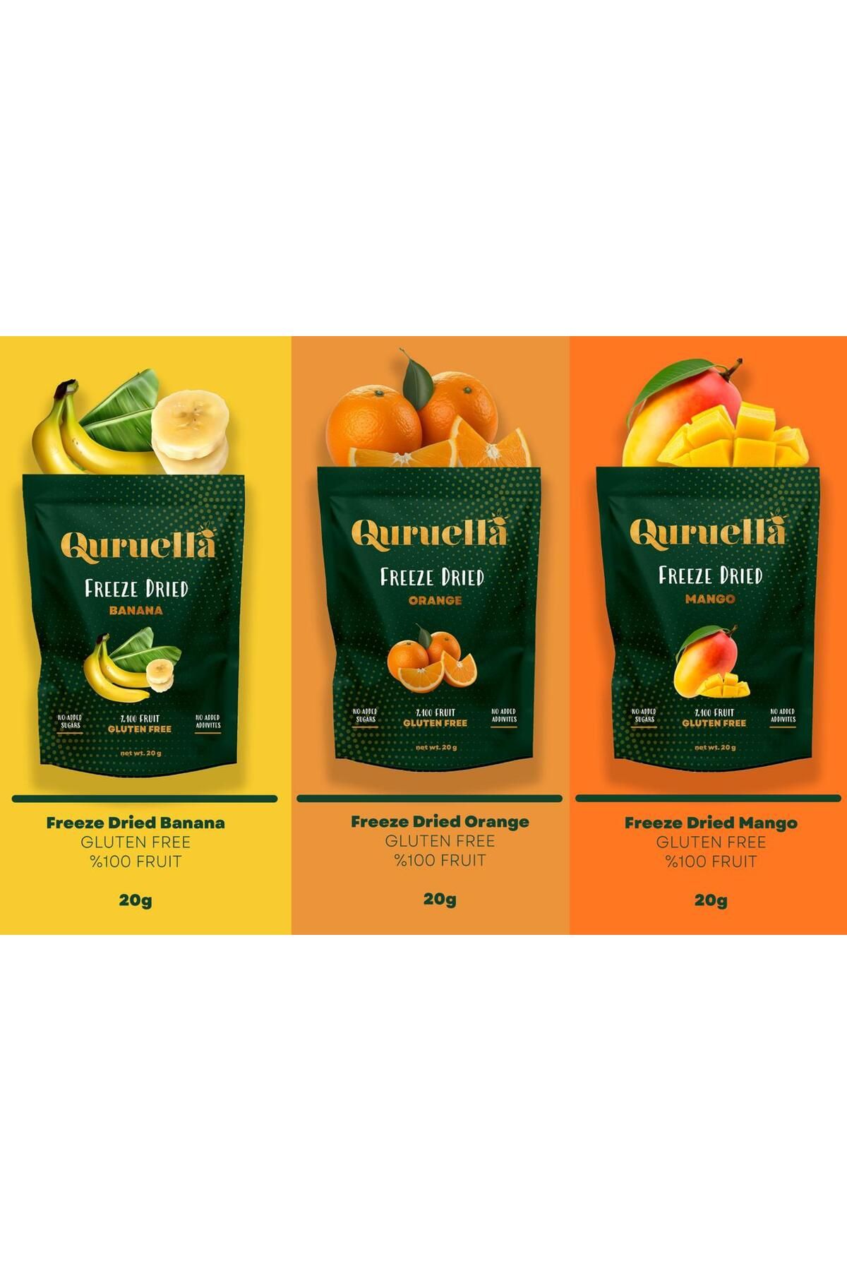 Quruella Freeze dried kurutulmuş meyve 3lü MUZ PORTAKAL MANGO