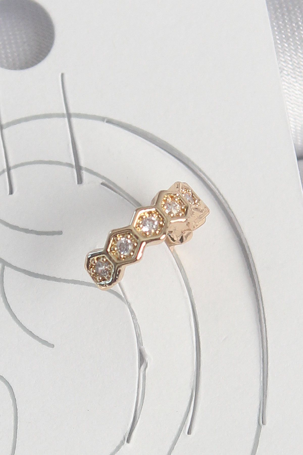 norsary Pirinç Gold Renk Zirkon Taşlı Bal Peteği Model Kadın Kıkırdak Küpe