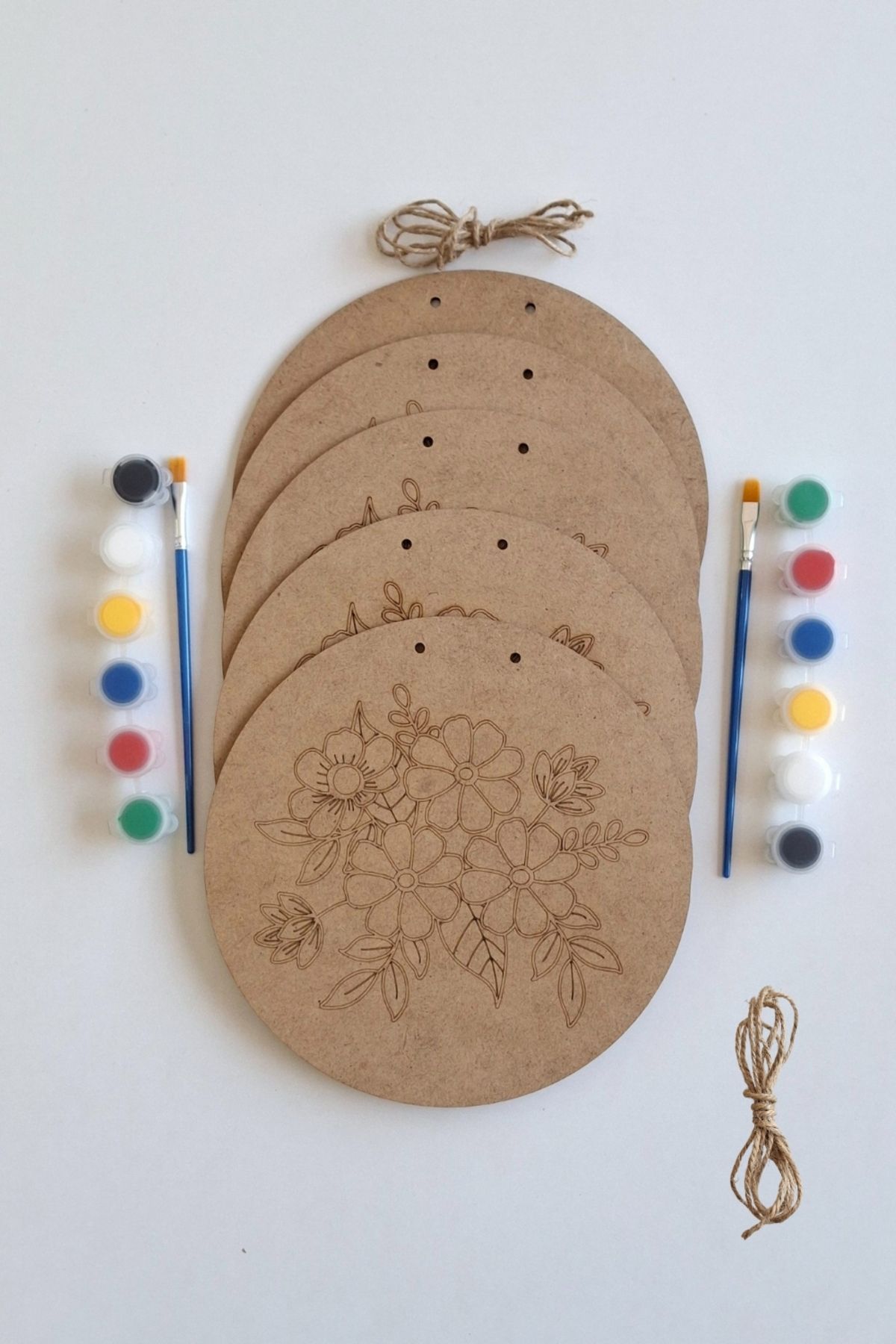 ERDİZDEN Özgün Tasarımlar İçin 5 Parça Çiçek Desen Ham MDF Dekoratif Set - Fırça ve Akrilik Boya Hediye