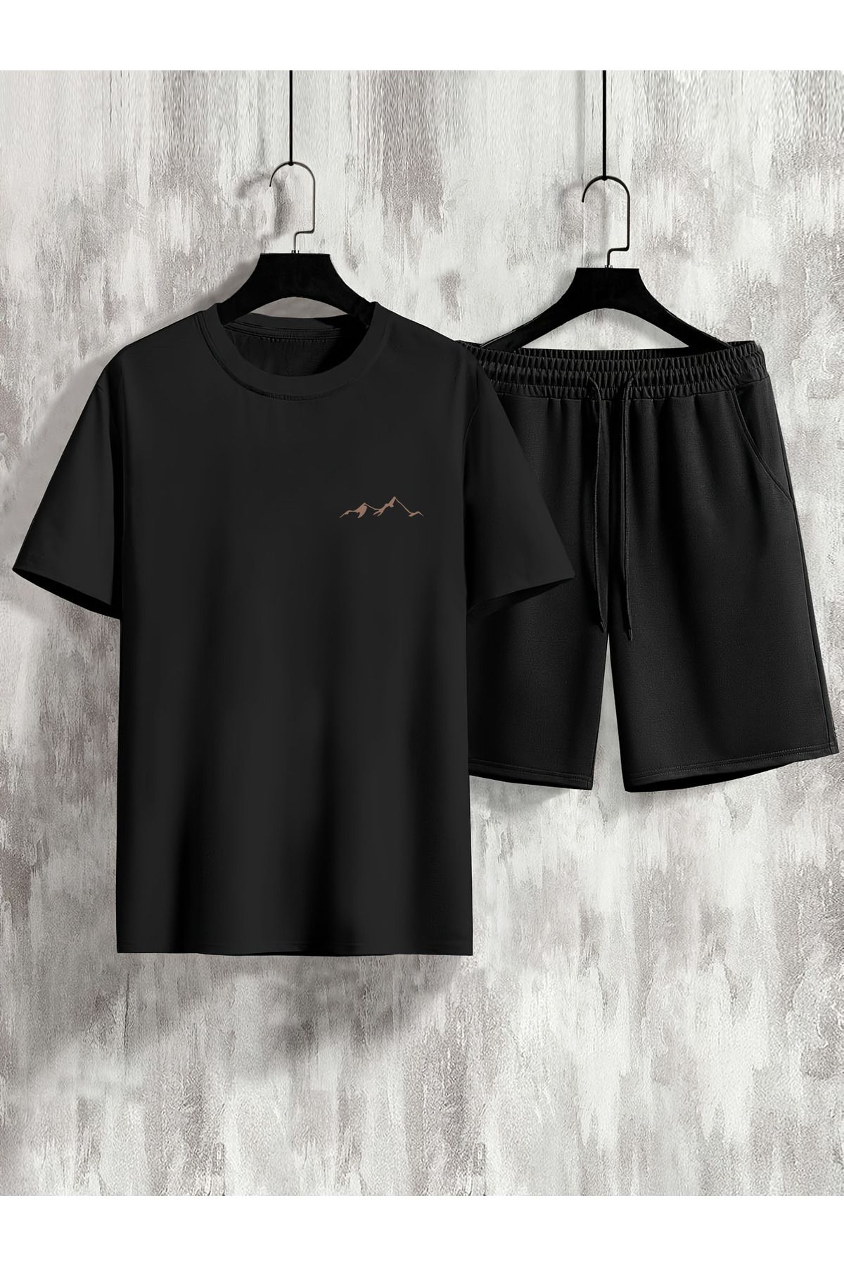 uyguntarz Unisex Dağ (Kahve) Tasarım Basklı Tshirt Şort Takımı