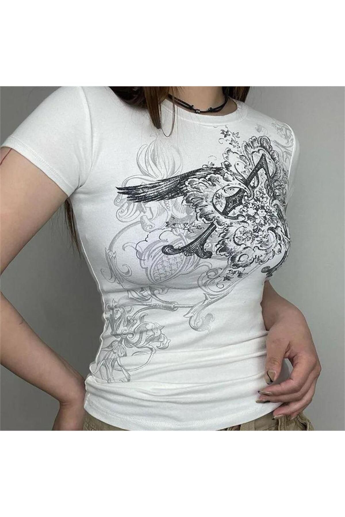 Pop Giyim Vintage Punk Patterned Kısa Kollu Crop Tişört