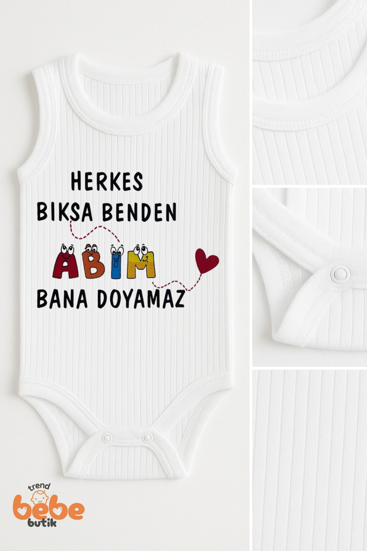 Trend Bebe Butik Abim Bana Doyamaz Yazılı Erkek Bebek Atlet Body Ribana Kumaş Çıtçıtlı Yazlık Pamuklu Zıbın 6-36 Ay