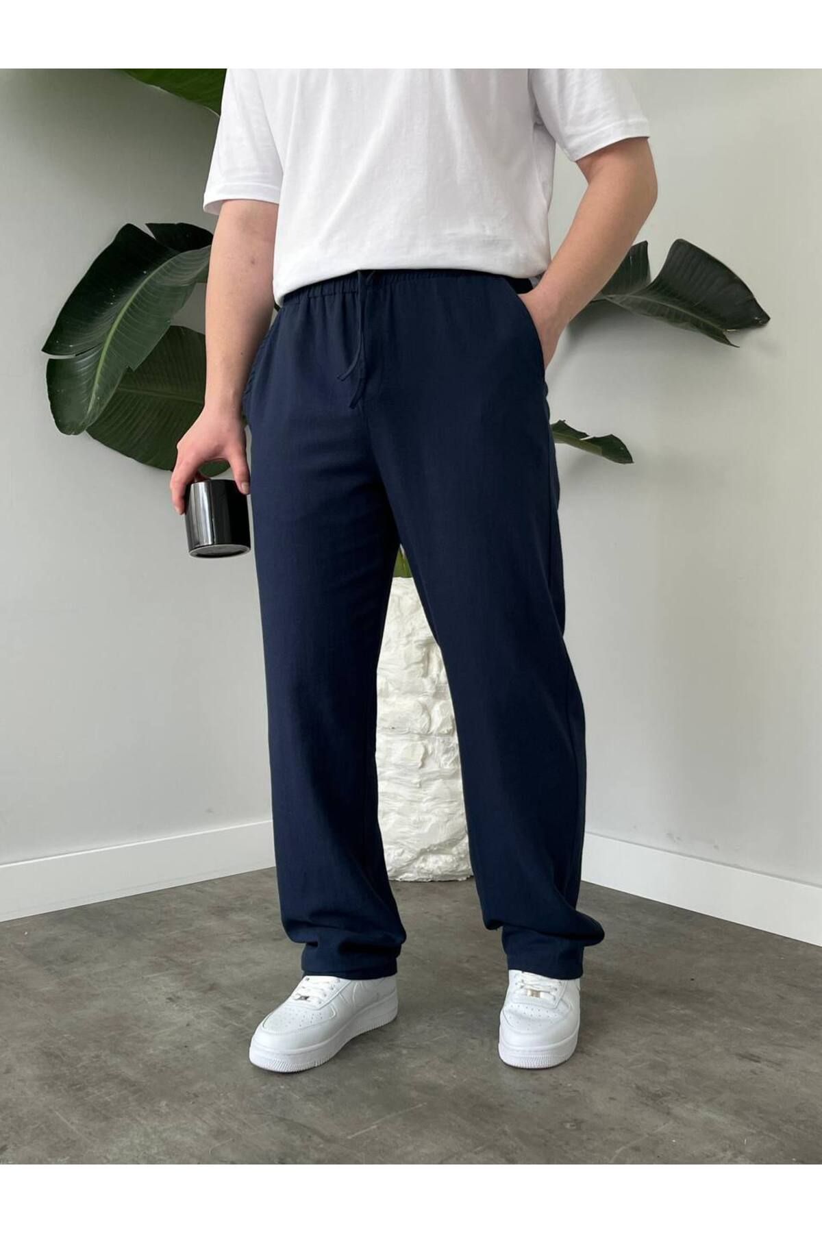 ONUR ERBİL MODA Laciverter Keten Baggy Pantolon - Rahat Kalıp günlük