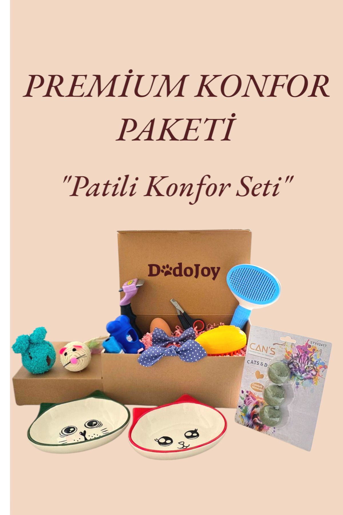 DodoJoy Premium Konfor Seti Mama Kabı Kedi Seti Papyonlu Tasma Seti Kedi Konfor Seti Oyuncak seti