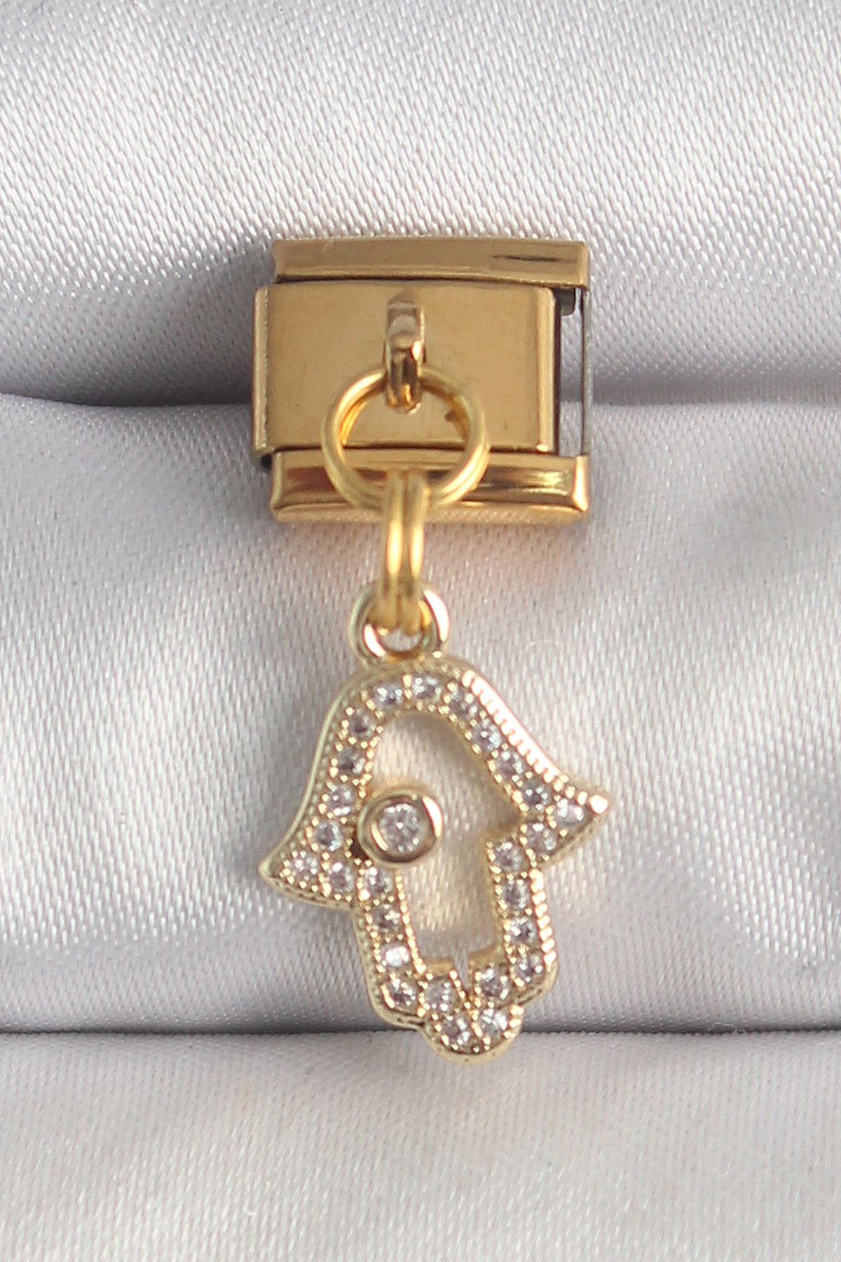 NEZADE STORE 316L Çelik Gold Renk Sallantı Zirkon Taşlı Fatma Ana El Model Nomination Charm - TJ-BC1369