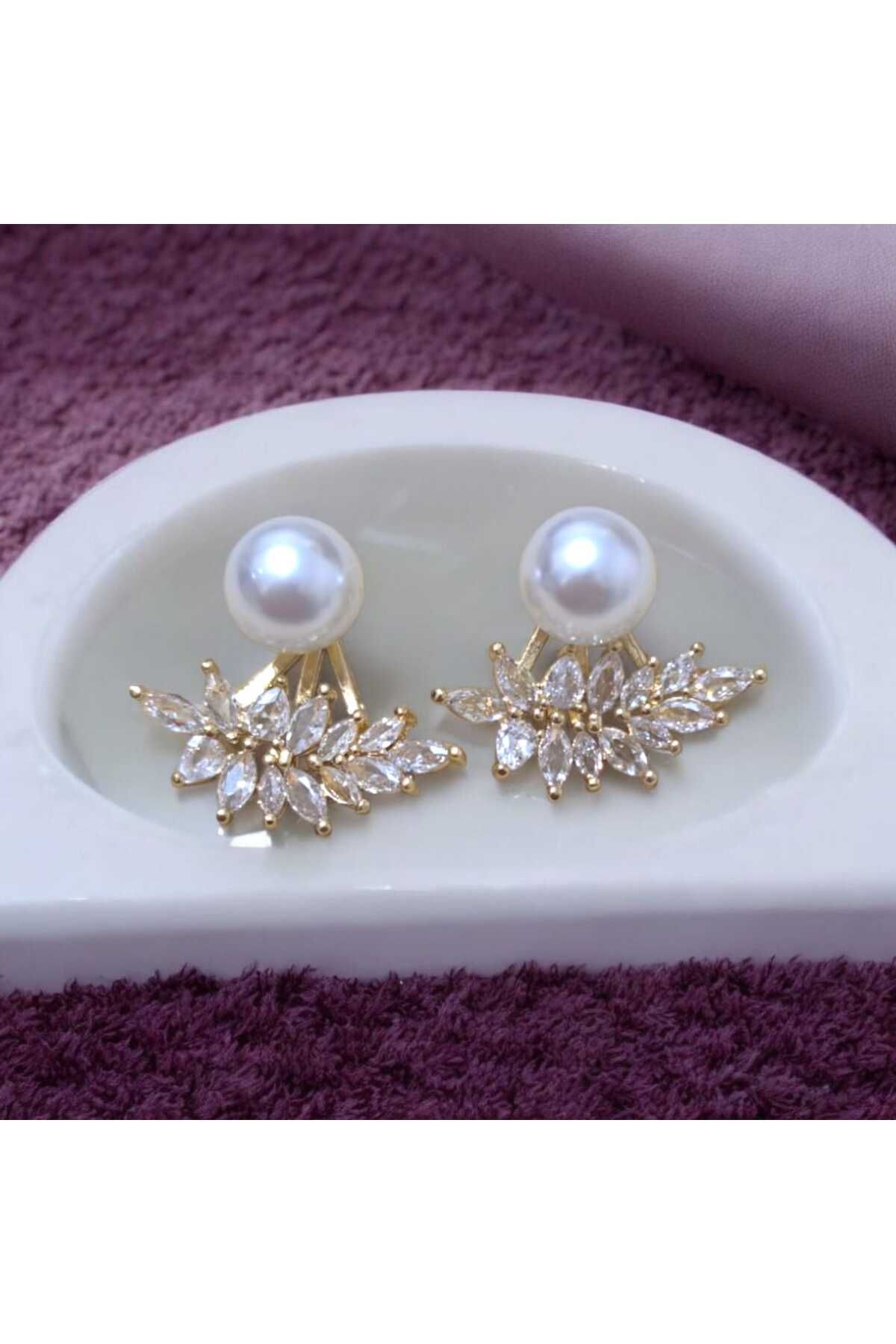 feyza collection Zirkon Taşlı Yaprak Motif İnci Detay VIP Çelik Küpe