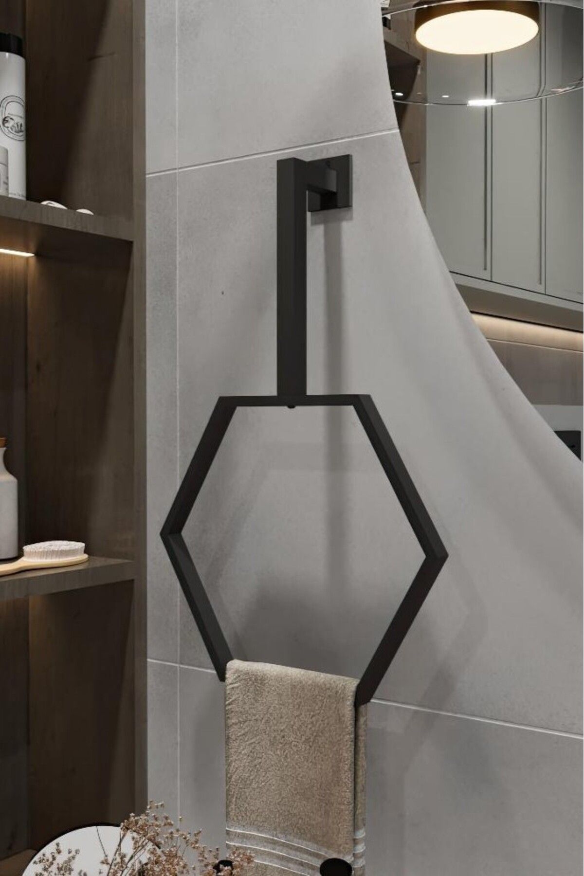 Grandmix Duvar Montajlı Altıgen Havlu Askısı Modern Minimalist Metal Banyo Havlu Halkası Banyo Toparlayıcı