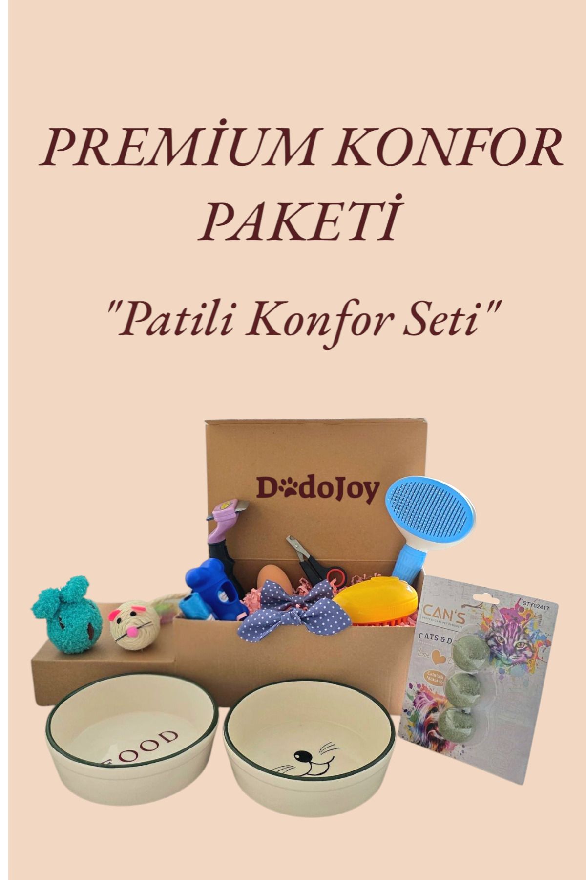 DodoJoy Premium Konfor Seti Mama Kabı Kedi Seti Papyonlu Tasma Seti Kedi Konfor Seti Oyuncak seti