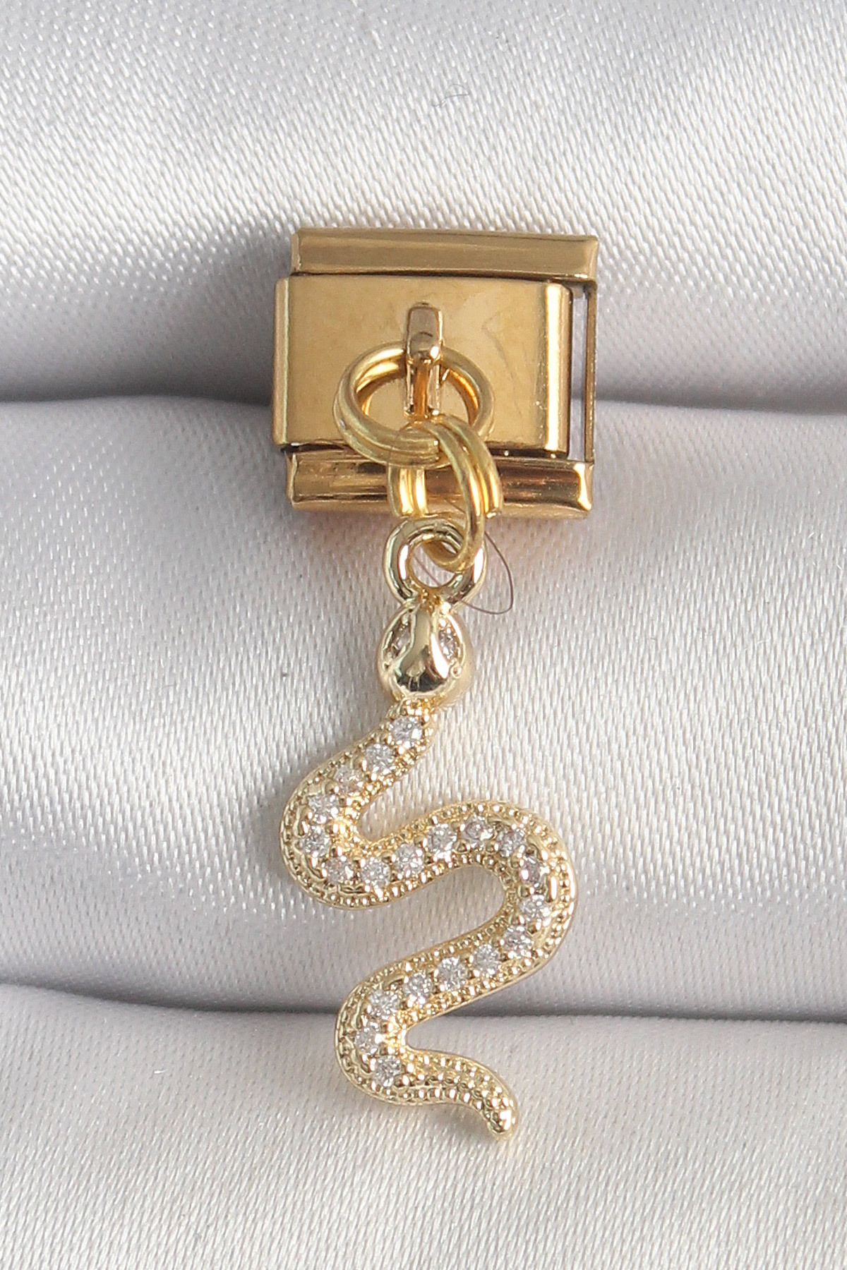 MR RZN STORE 316L Çelik Gold Renk Sallantı Zirkon Taşlı Yılan Model Nomination Charm - TJ-BC1364