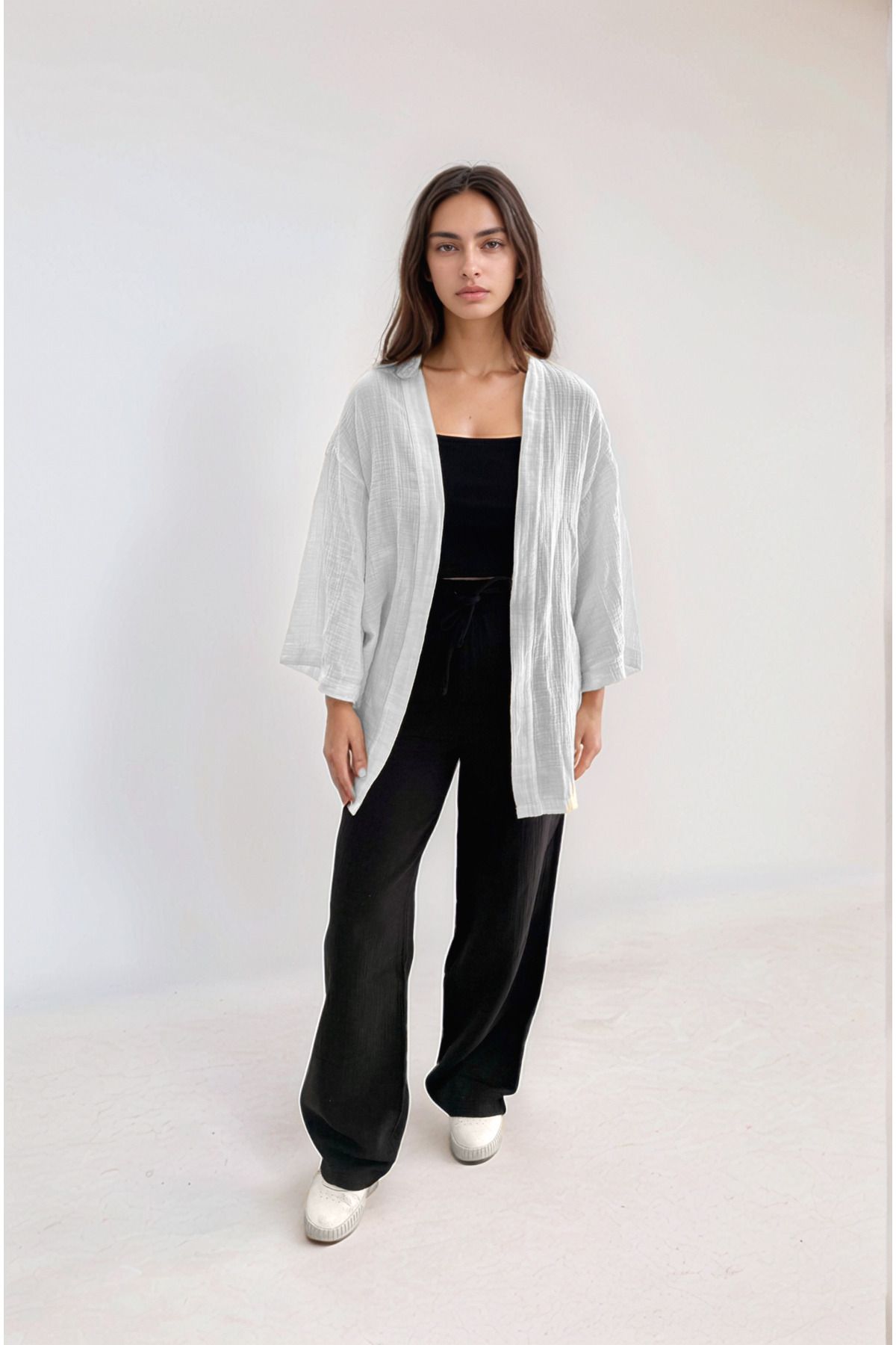 Bled Müslin Kimono Üst , Palazzo Pantolon , Askılı Fitilli Crop - 3'lü Yazlık Takım