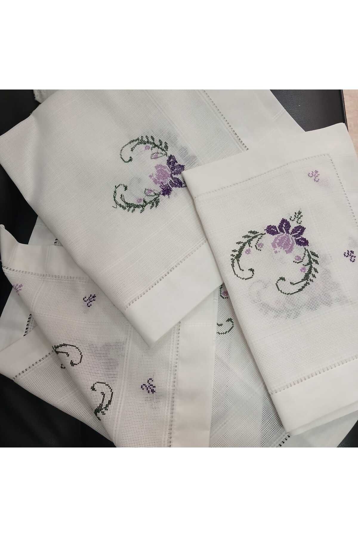 Vinezza Home Collection 4 Parça EL EMEĞİ Salon Takımı Konsol Masa Örtüsü Sehpa Örtüsü Dertsiz Keten