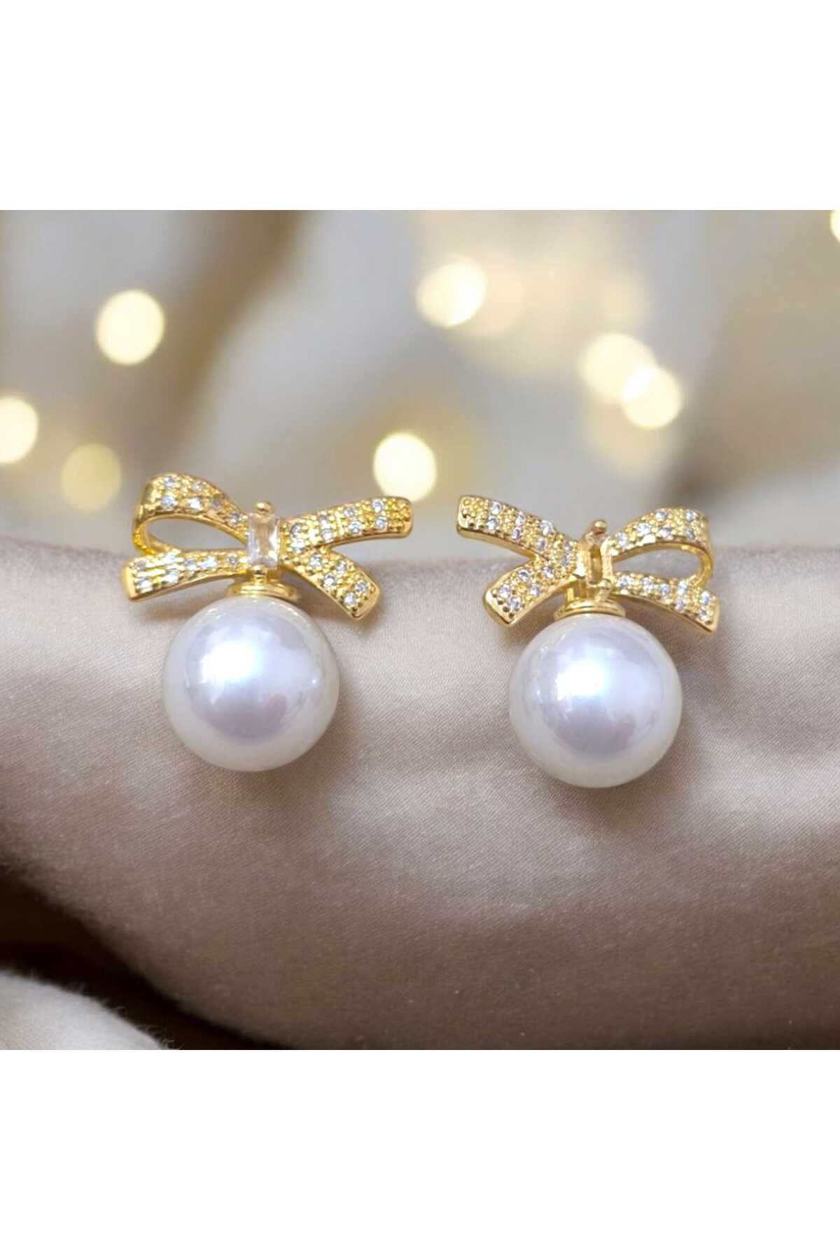feyza collection Zirkon Taşlı İncili Fiyonk Model VIP Çelik Küpe
