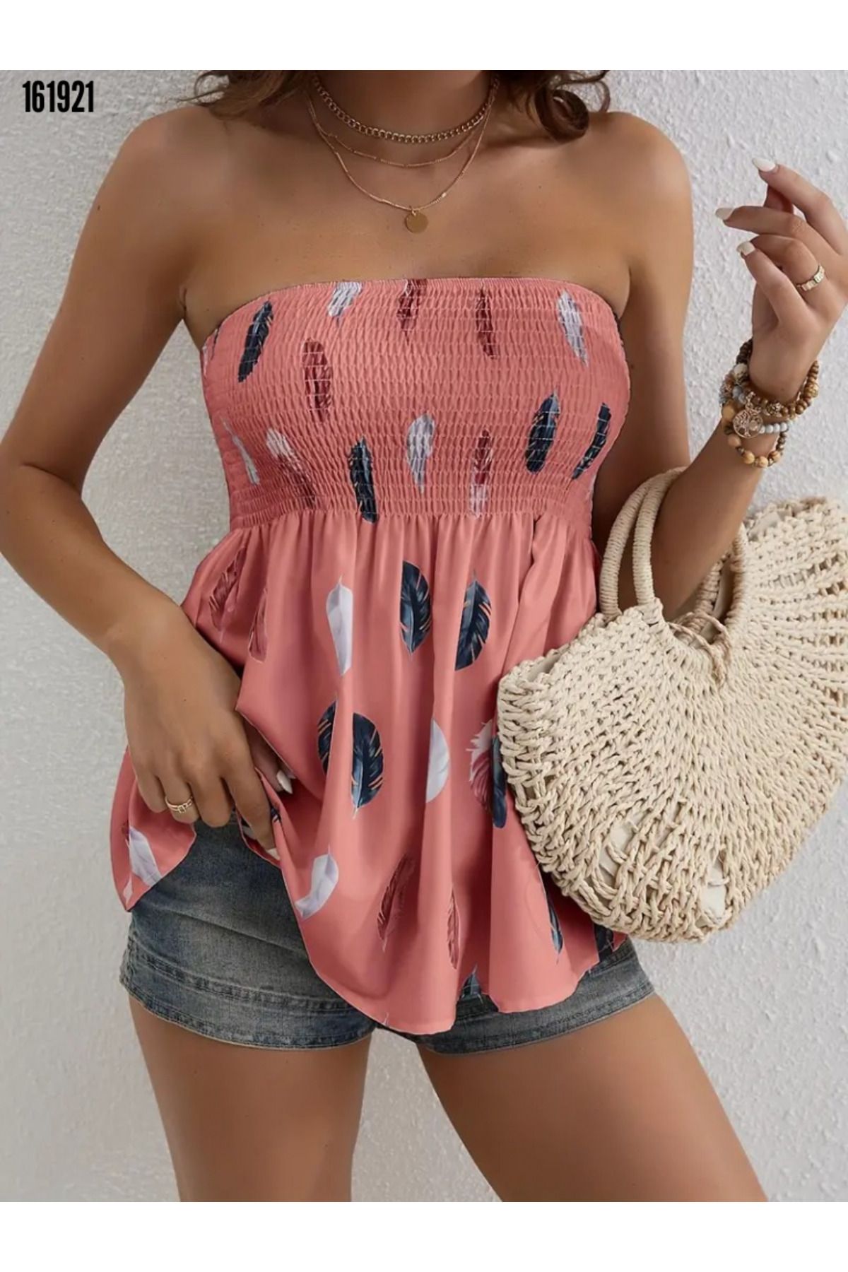 moda wanilia Kadın Gipe Detaylı Yaprak Desenli Krep Bluz