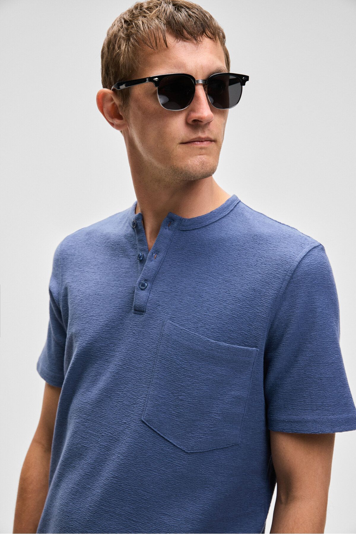 GRIMELANGE-Ermac Men's Judge Collar Button Short Sleeve Indigo T-Shirt 5