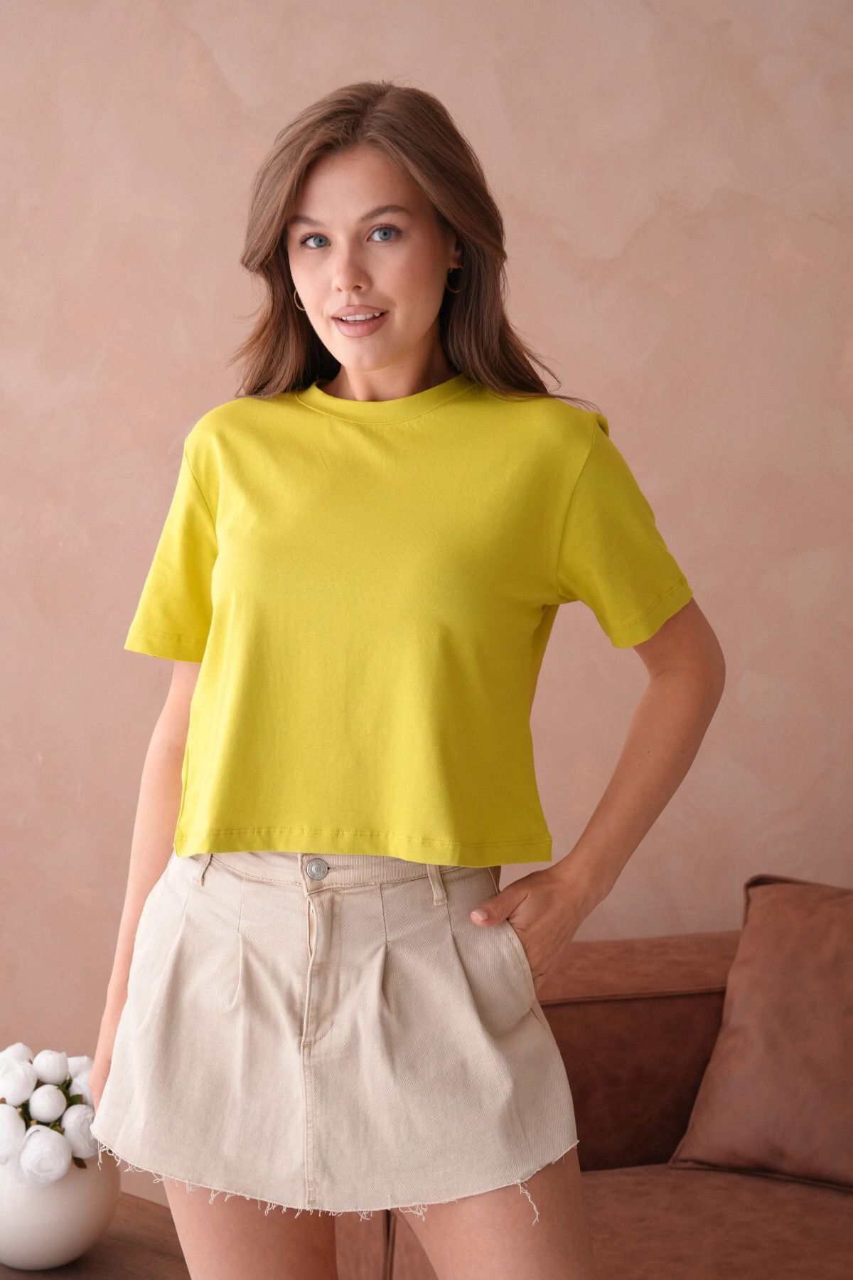 Park Karon Fıstık Yeşili Kısa Kol Basic T-Shirt
