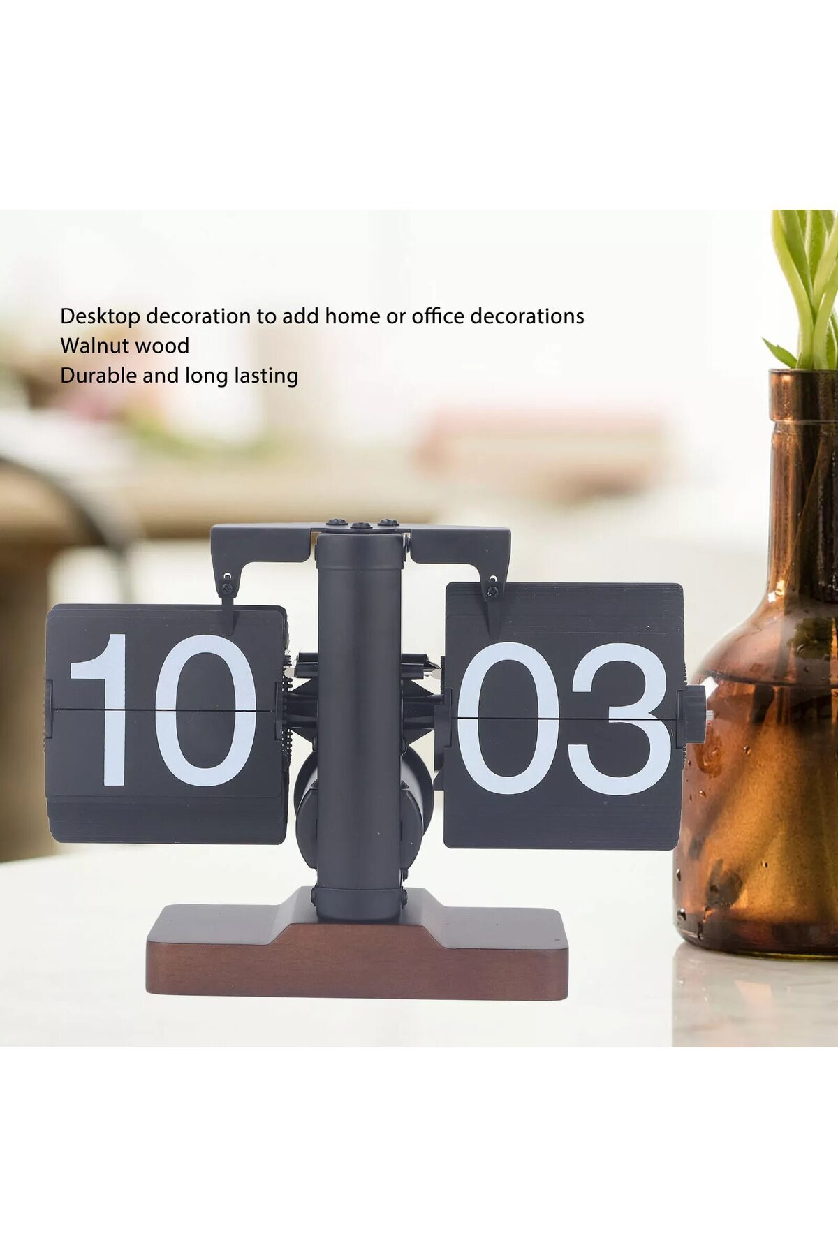 MACVI-Macvi® automatic flip clock for desk, large numbers, elegant, battery powered, wooden stand 2
