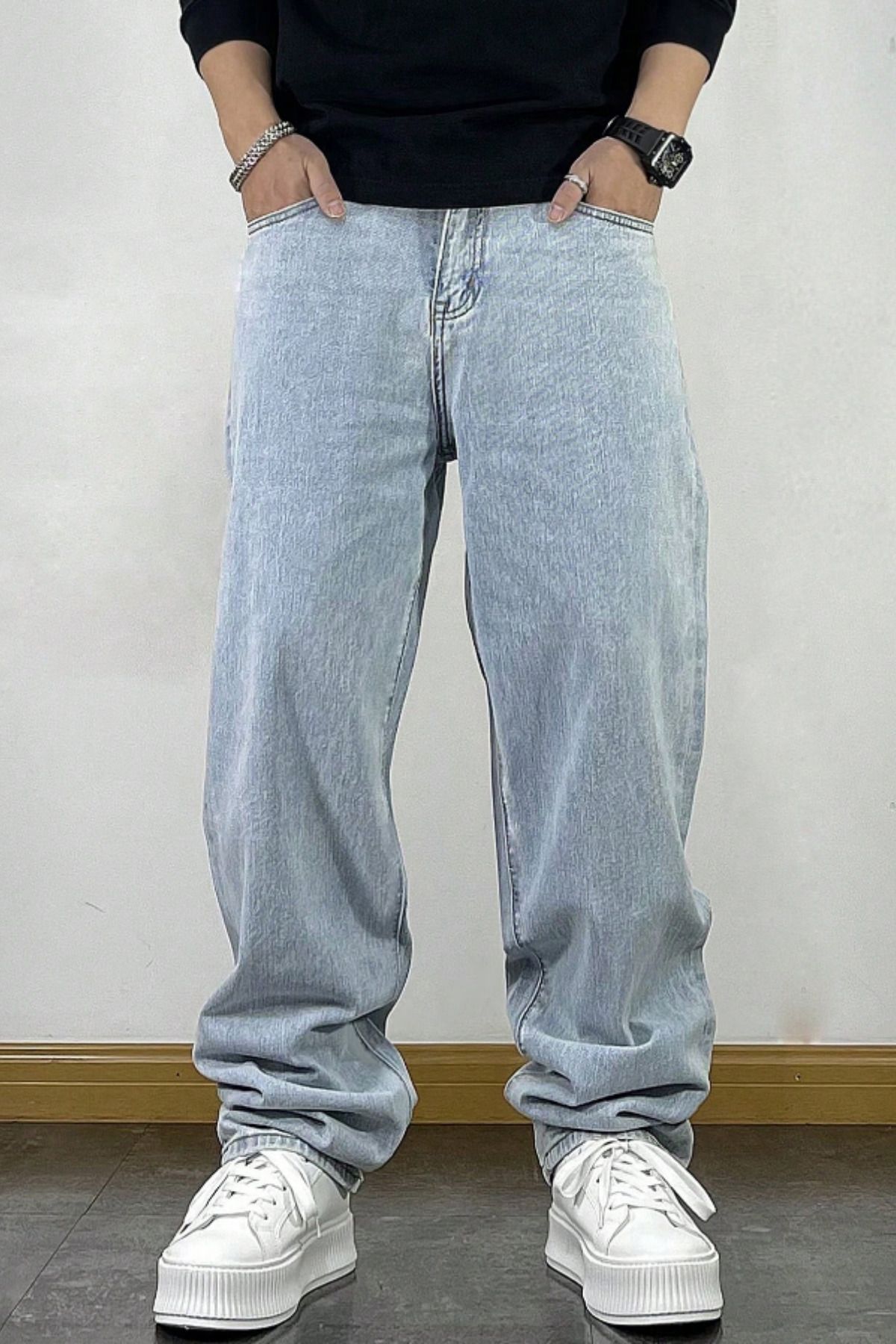 Tarz Cool Erkek Mavi Rahat Kesim Baggy Pantolon