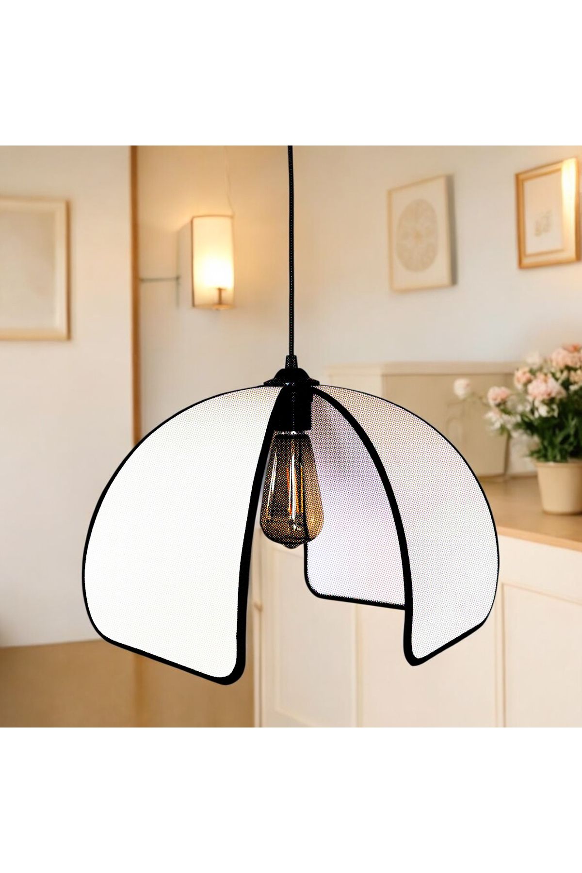 burenze Modern Sarkıt Avize Rose 4 Yapraklı Avize Krem Ekru Kumaş Şık Görsellik Katar 34cm Çap