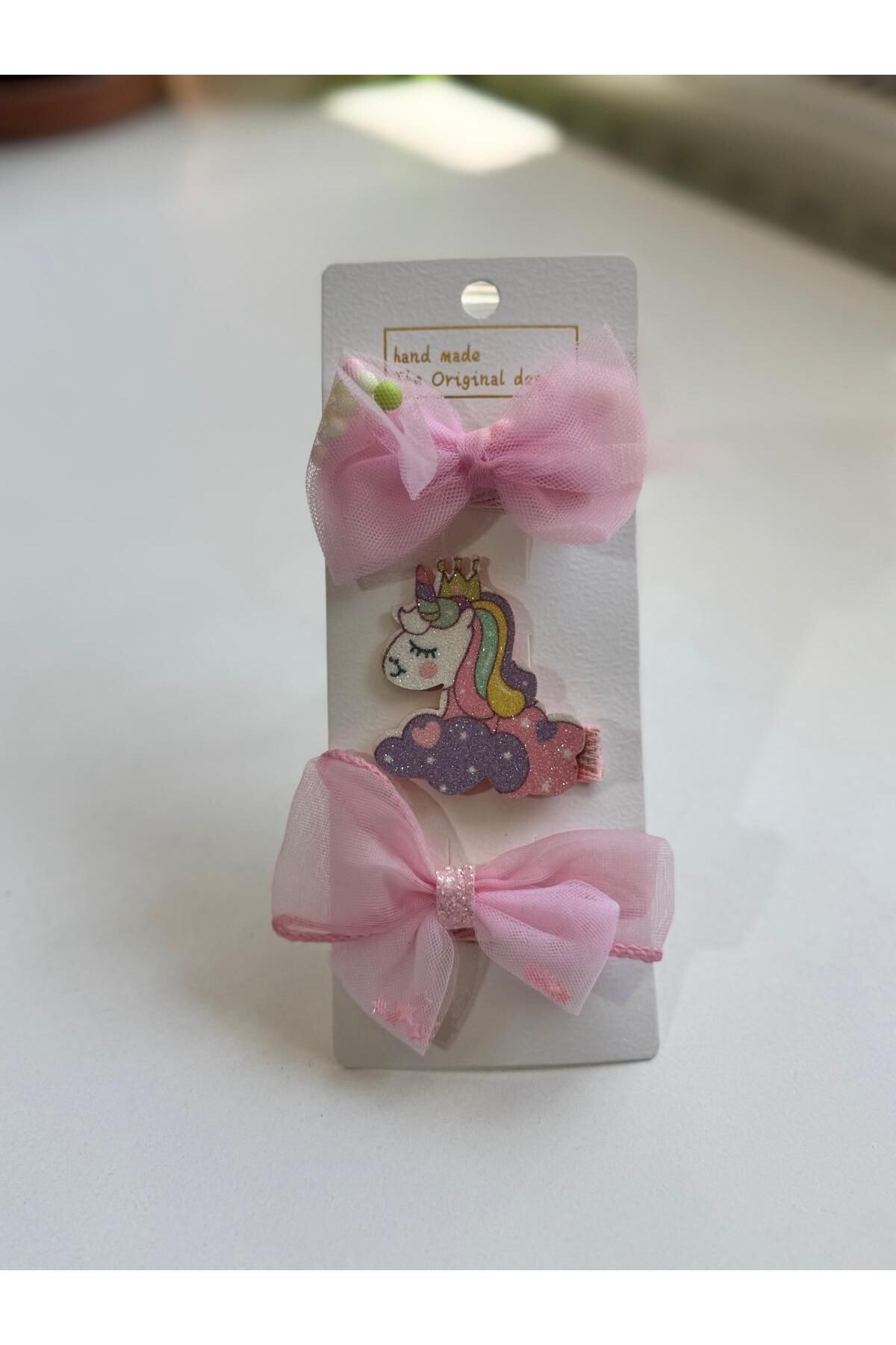 Motebarn Wear Kız Çocuk 3' lü Unicorn Klips Toka Pembe