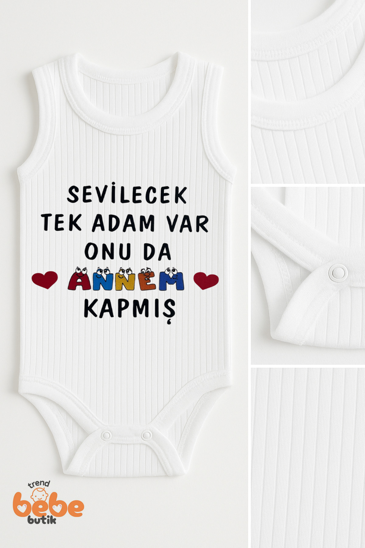 Trend Bebe Butik Sevilecek Tek Adam Var Onu da Annem Kapmış” Yazılı Yazlık Atlet Çıtçıtlı Bebek Zıbın Body (6-36 Ay) fotoğrafı 2 (önizleme)