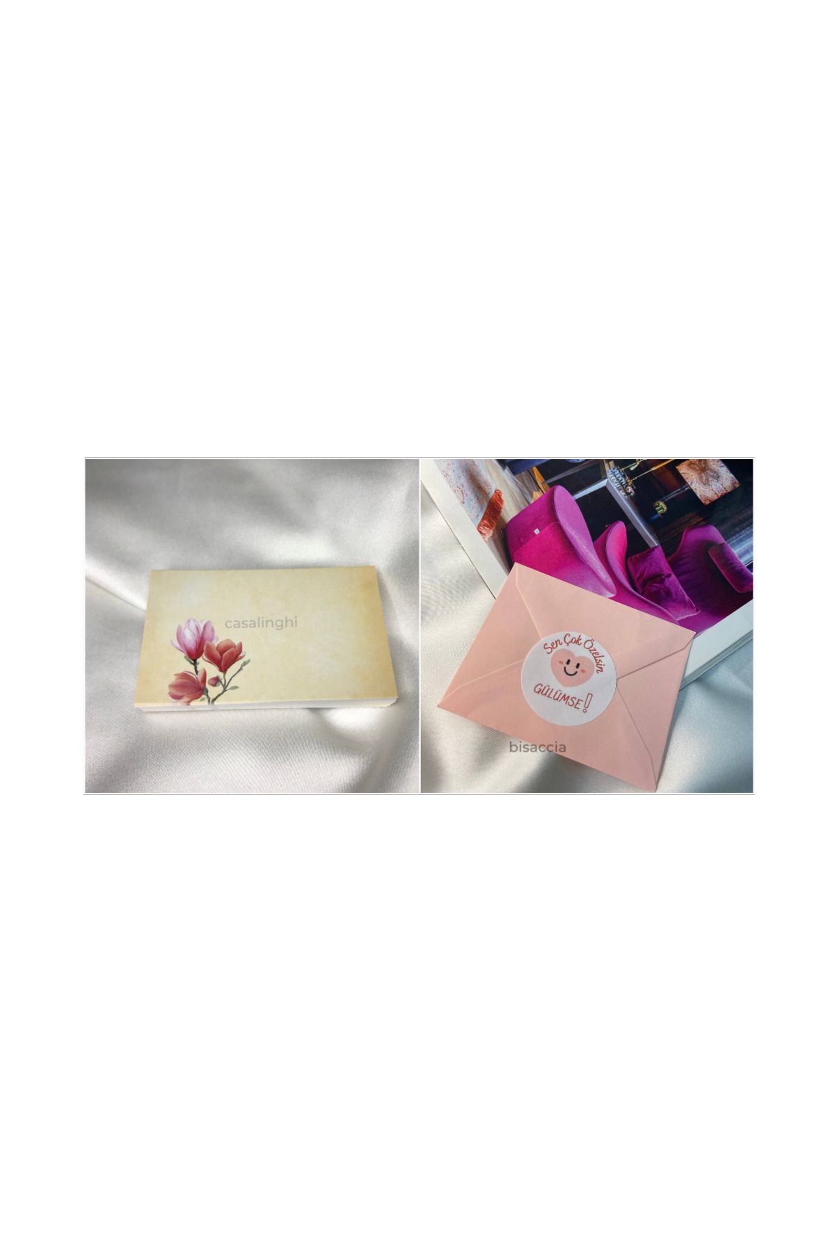 bisaccia 8x5 cm Pembe Lale Baskılı Yazısız Kart , 7x9 cm Pembe Zarf 4 Cm Etiket 5li Set