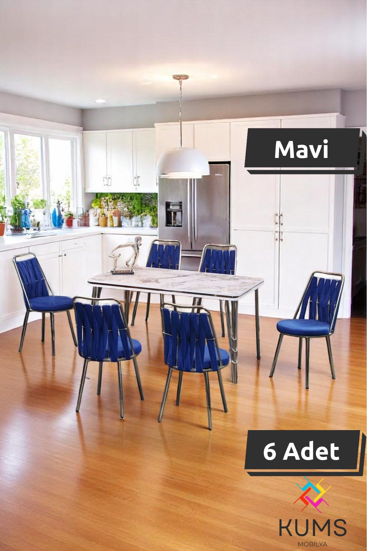 KUMS Violet Sarmaşık Masa Sandalye Takımı – 80 x 140 Beyaz Mermer Sabit Masalı, 6 Kişilik,