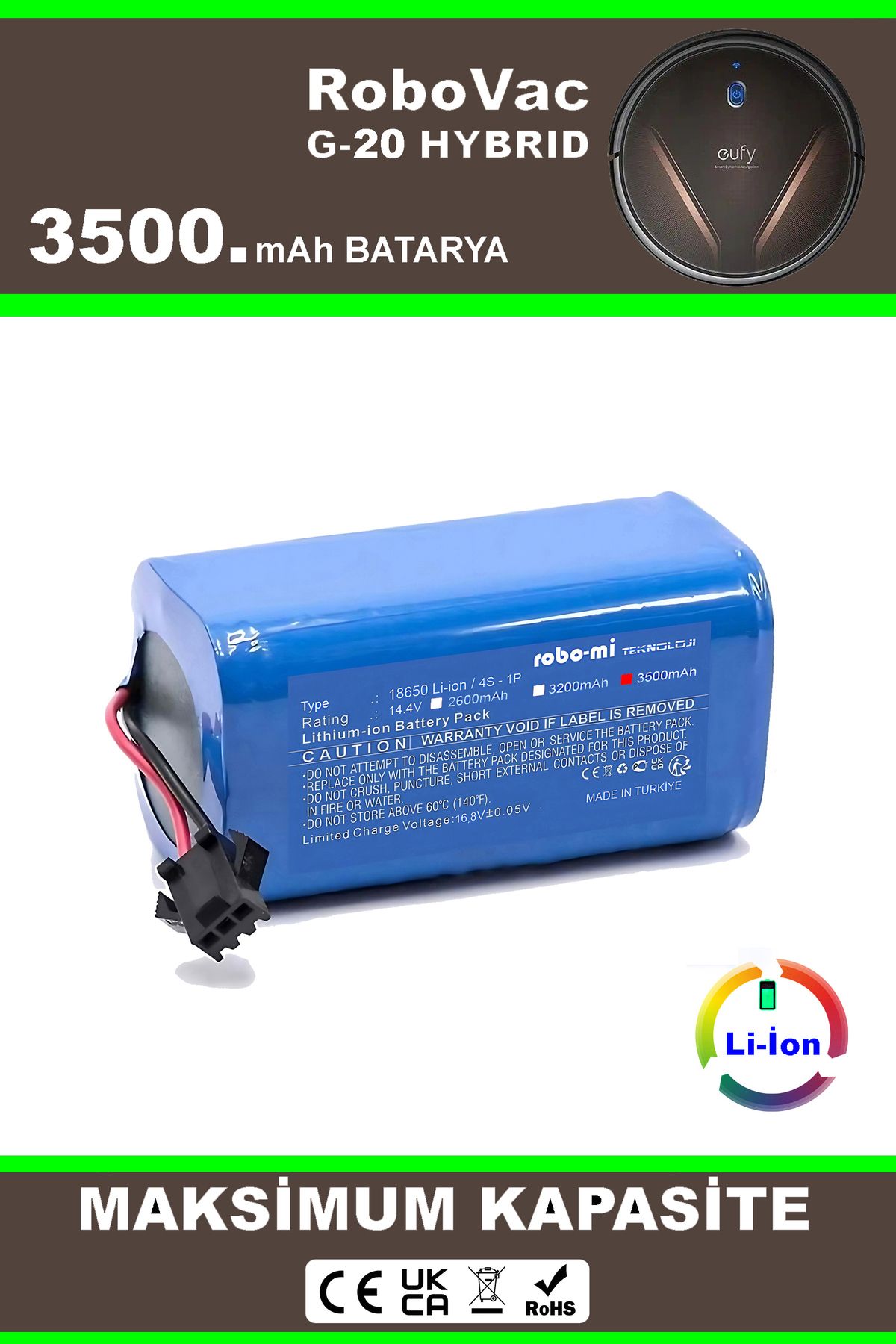 robo-mi Robovac G-20 Hybrid 3500mAh Robot Süpürge Bataryası - Gerçek Kapasite