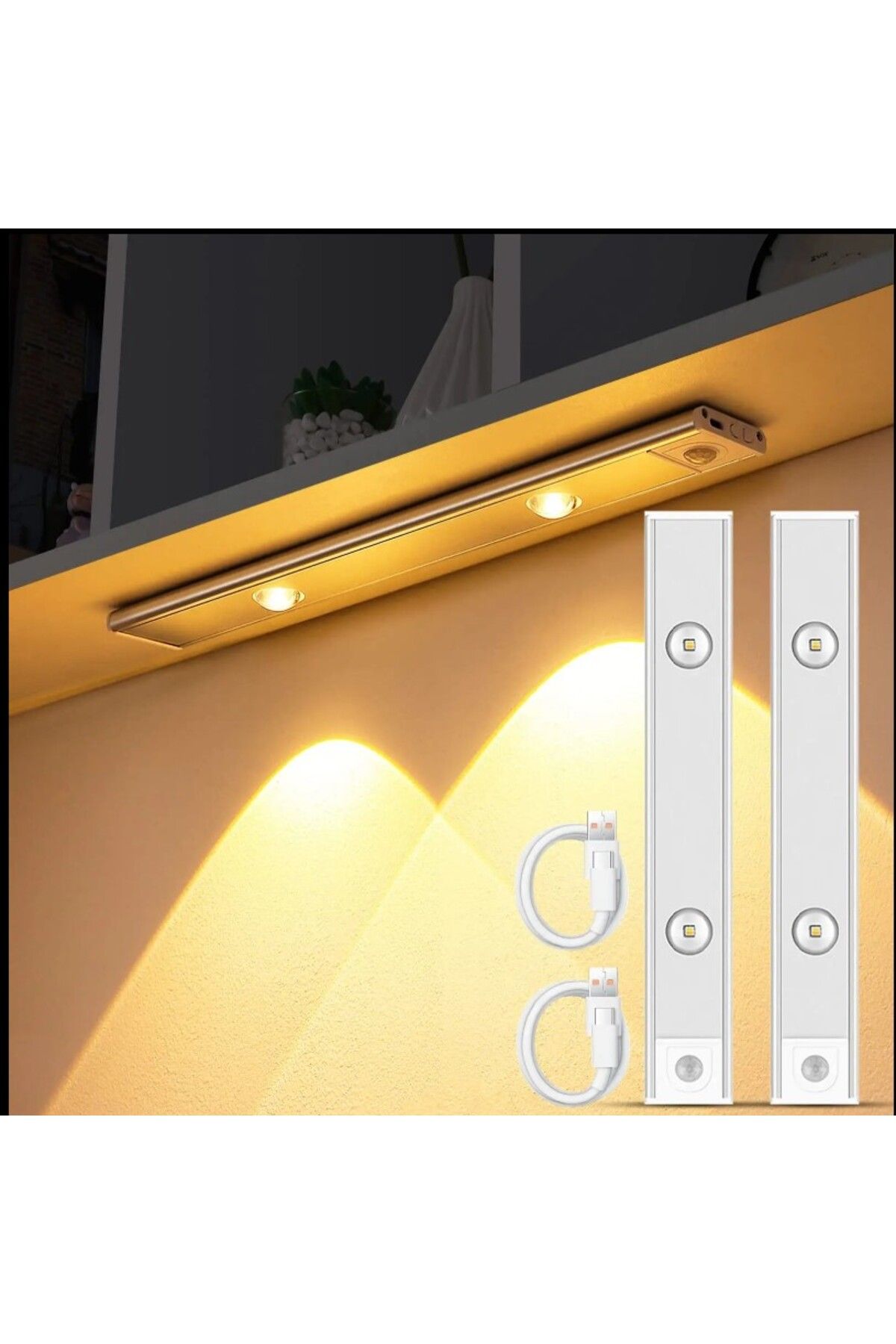 Hightek Sensörlü Slim Led Yatay Bant Kabin Dolap Armatürü Dekoratif Gece Lambası Şarjlı Beyaz 30cm