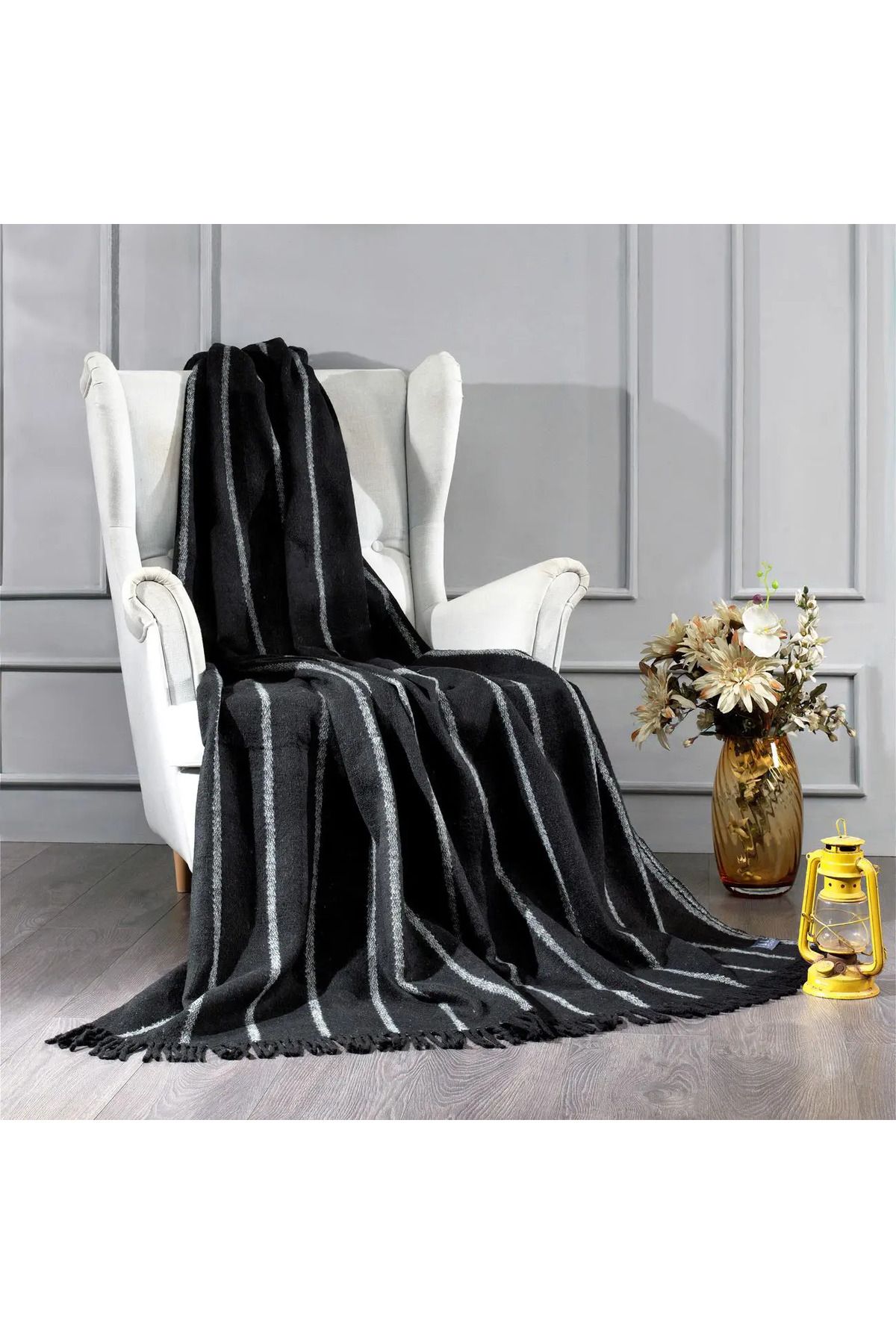ELLE HOME Çizgi Throw Battaniye - Gri