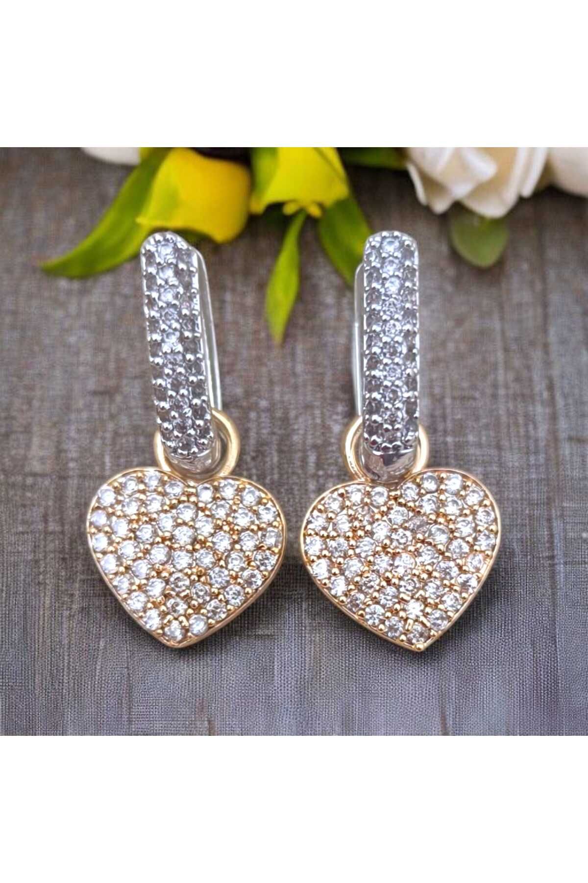 feyza collection Zirkon Taşlı Sallantılı Kalp VIP Çelik Küpe