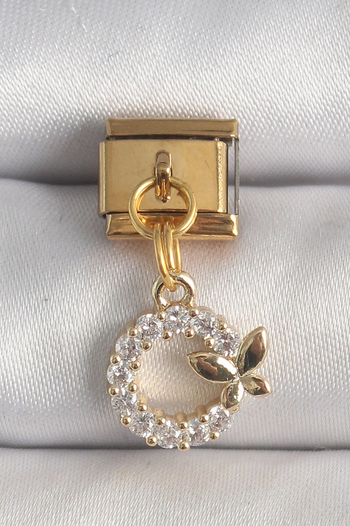 MR RZN STORE 316L Çelik Gold Renk Sallantı Zirkon Taşlı Kelebek Detay Nomination Charm - TJ-BC1365